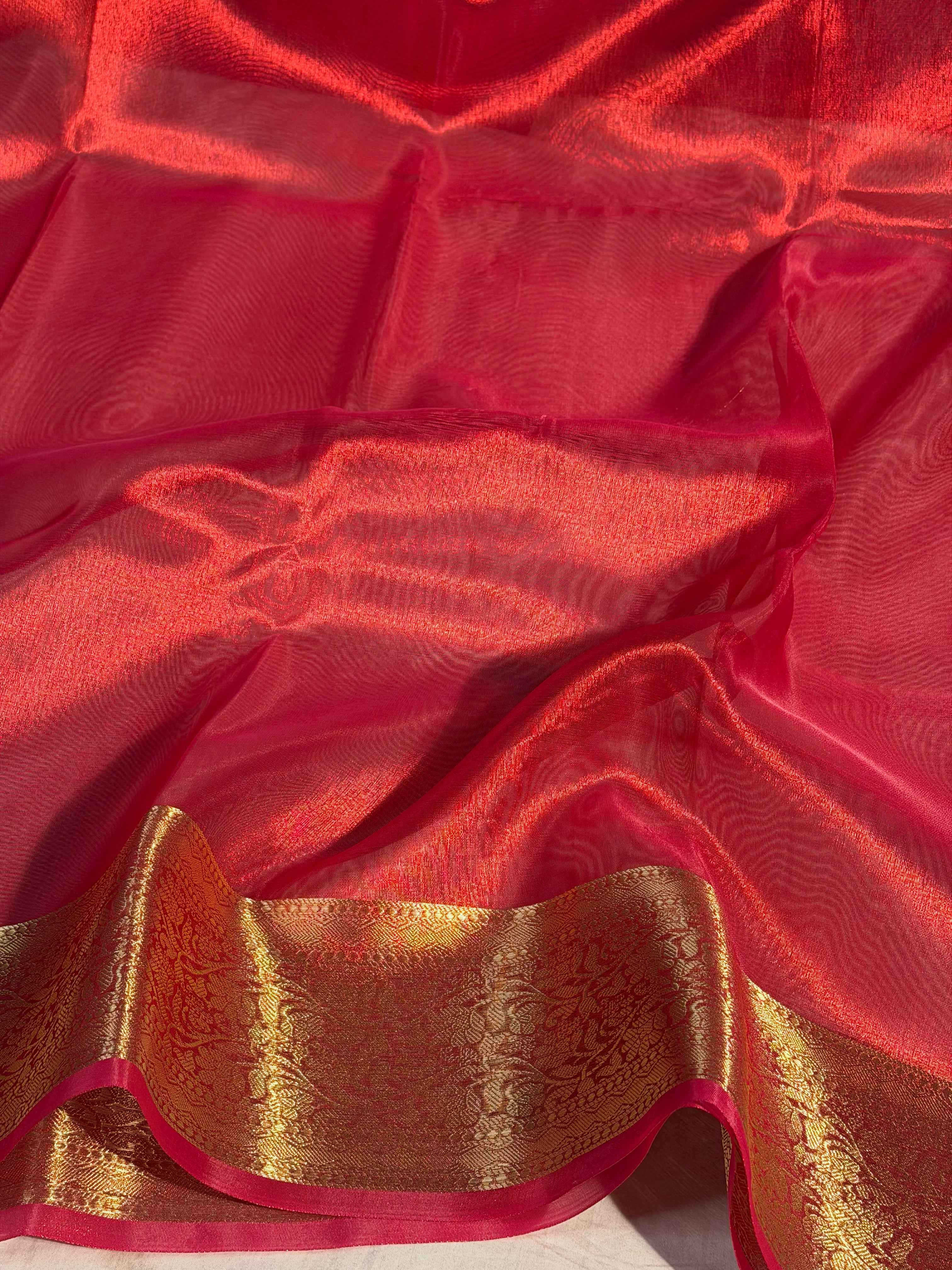Metallic Red Premium Tissue Silk Saree with Traditional Floral Weave Borders