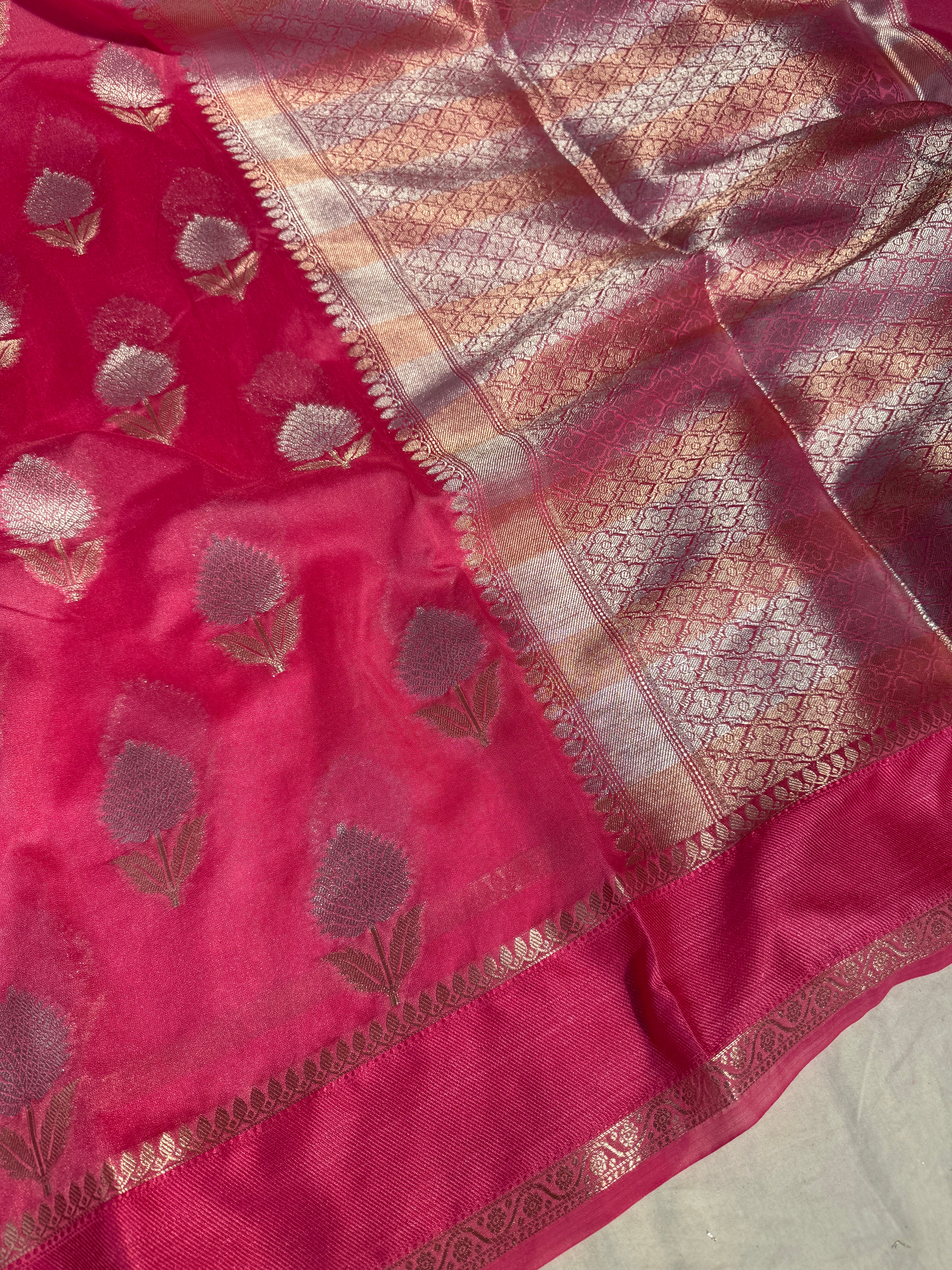 Pastel Pink Premium Chiniya Silk Banarasi Saree with Meenakari Buta
