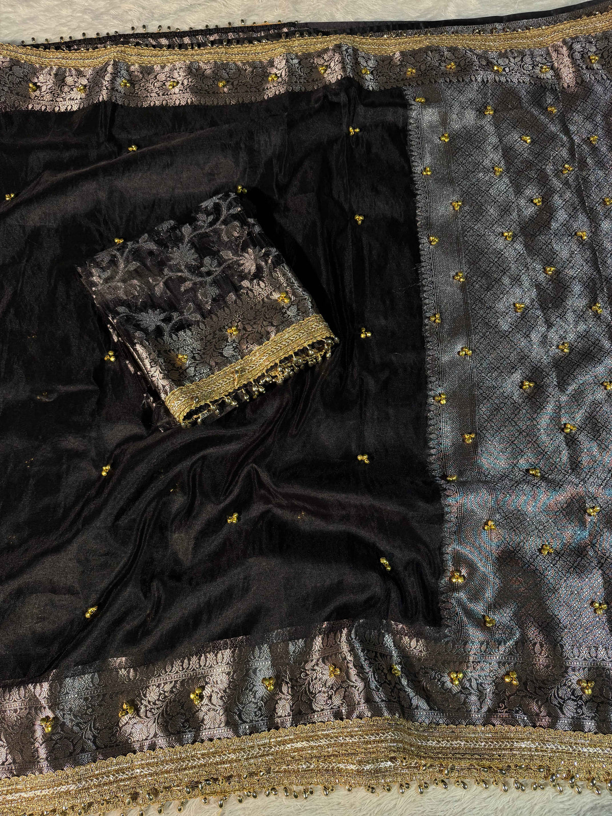 Ghungroo Handwork Metallic Black Premium Tissue Silk Banarasi Saree