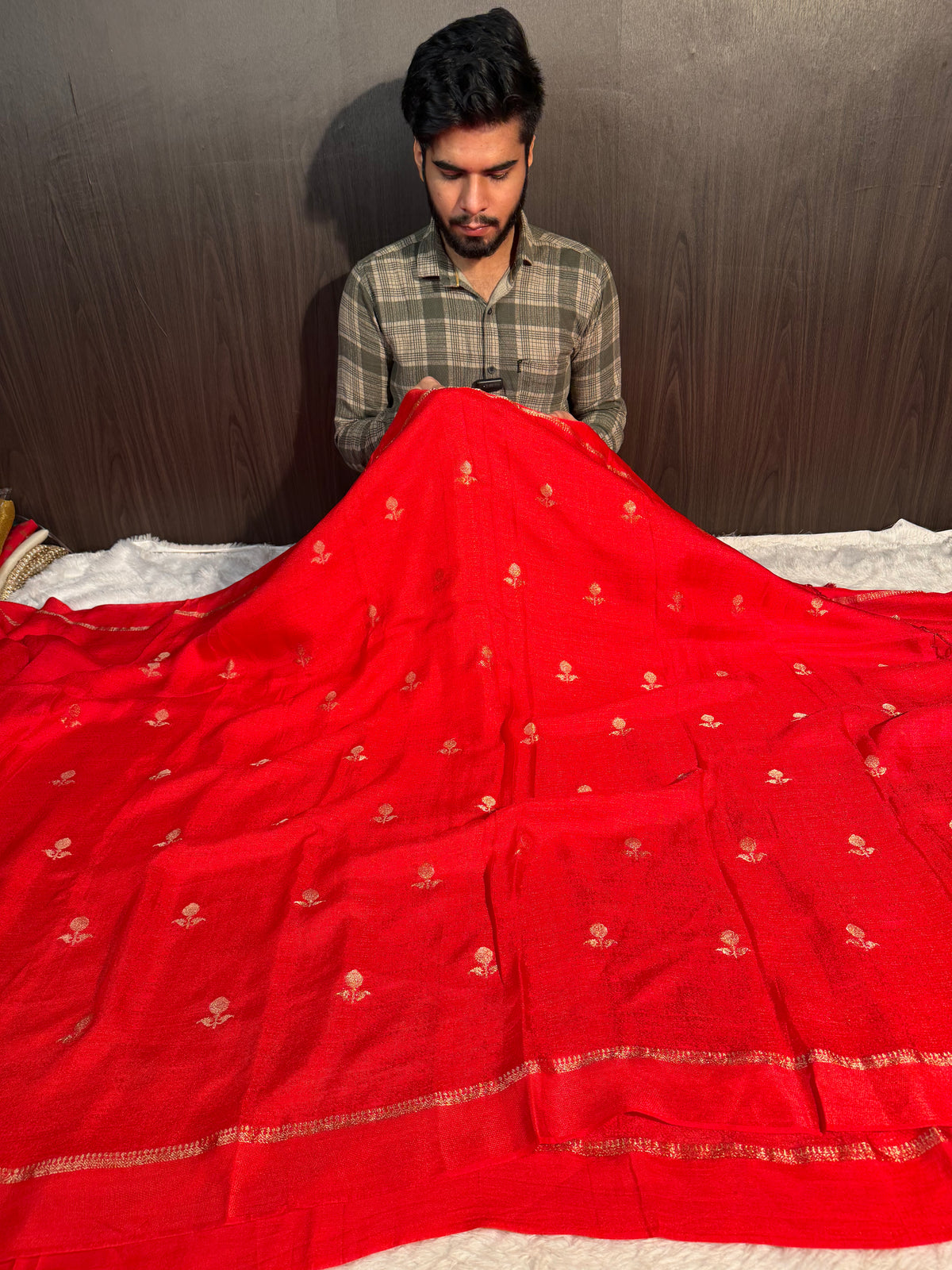 Bridal Red Premium Viscose Georgette Silk Banarasi Saree with Tassles