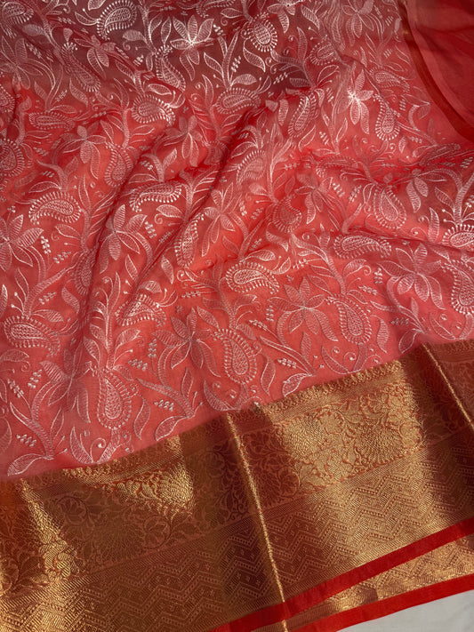 Beautiful Peach Bridal Chikankari Banarasi Organza Silk Saree