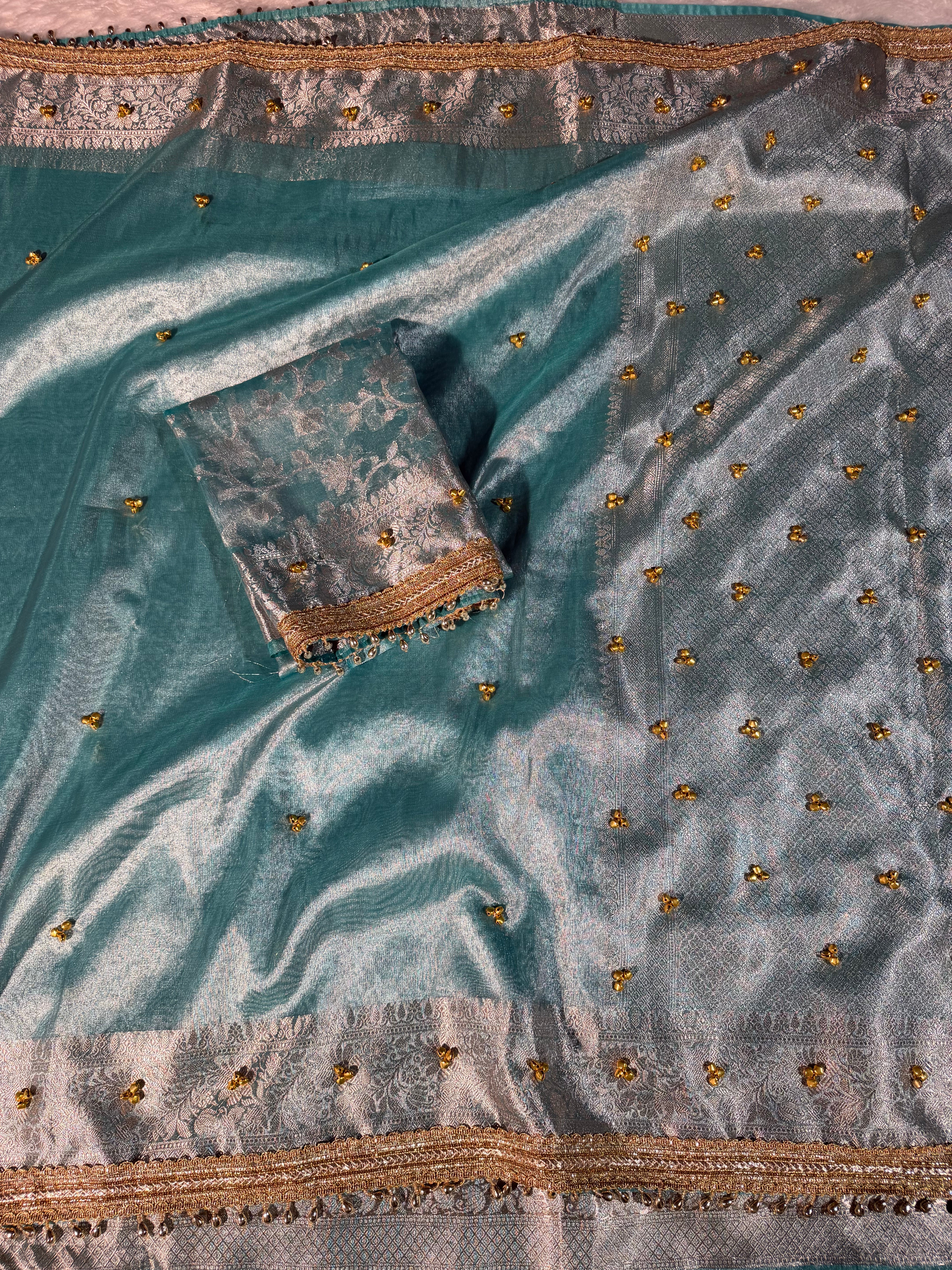 Ghungroo Handwork Metallic Seagreen Premium Tissue Silk Banarasi Saree
