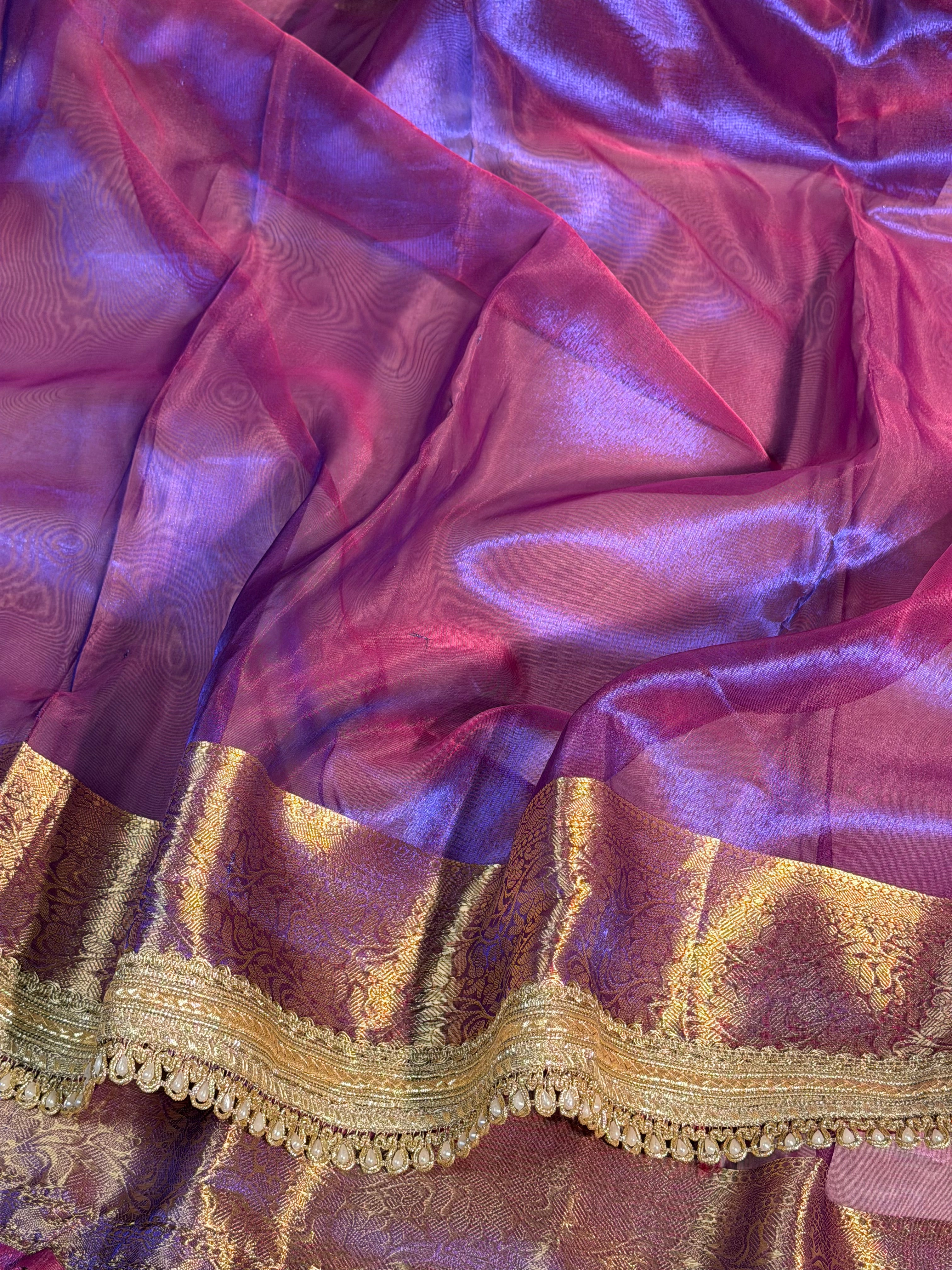 Rare Baigani Premium Tissue Silk Moti Lace Attached Banarasi Saree