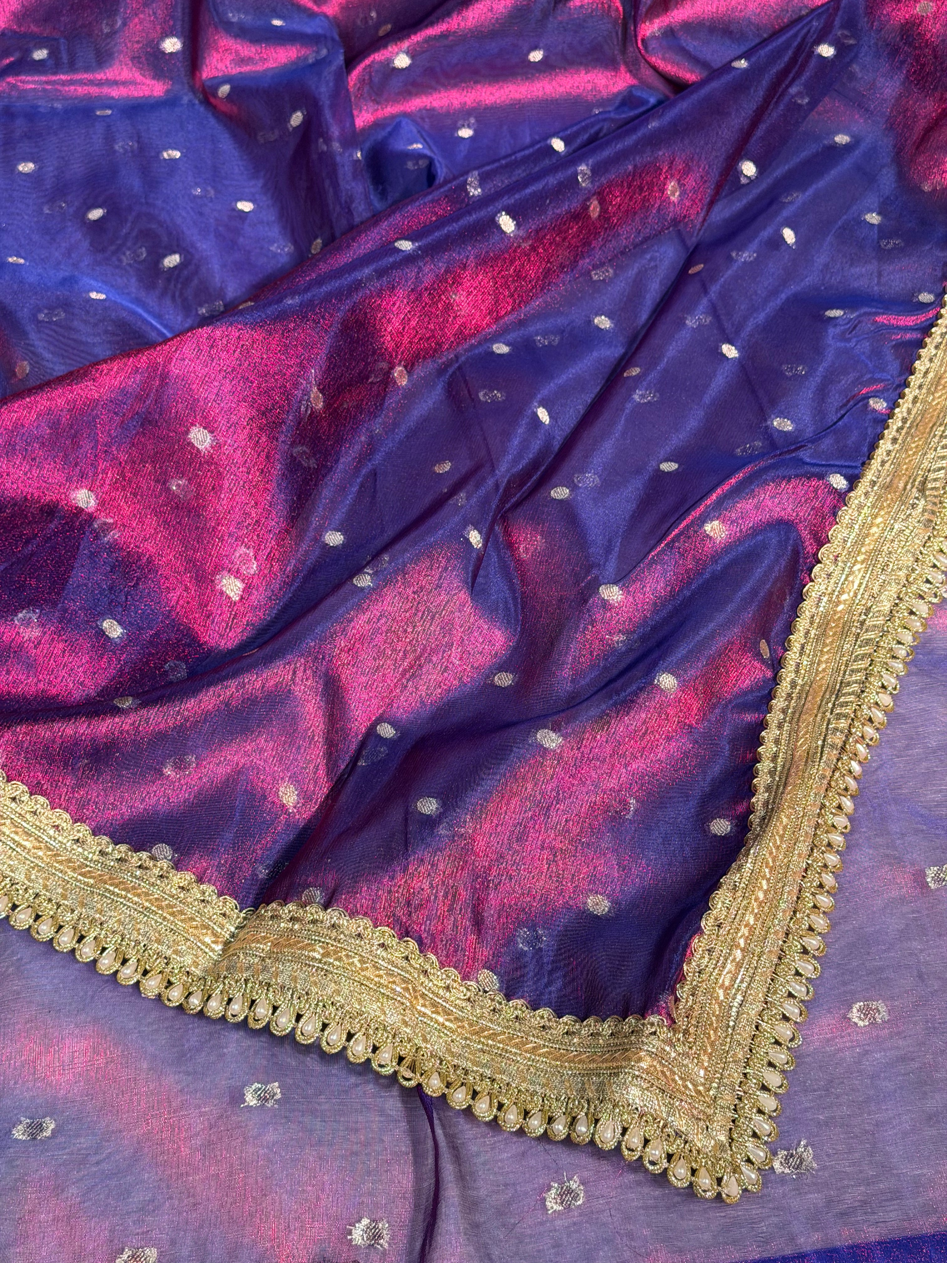 Rare Baigani Premium Tissue Silk Banarasi Saree with Moti Lace Work