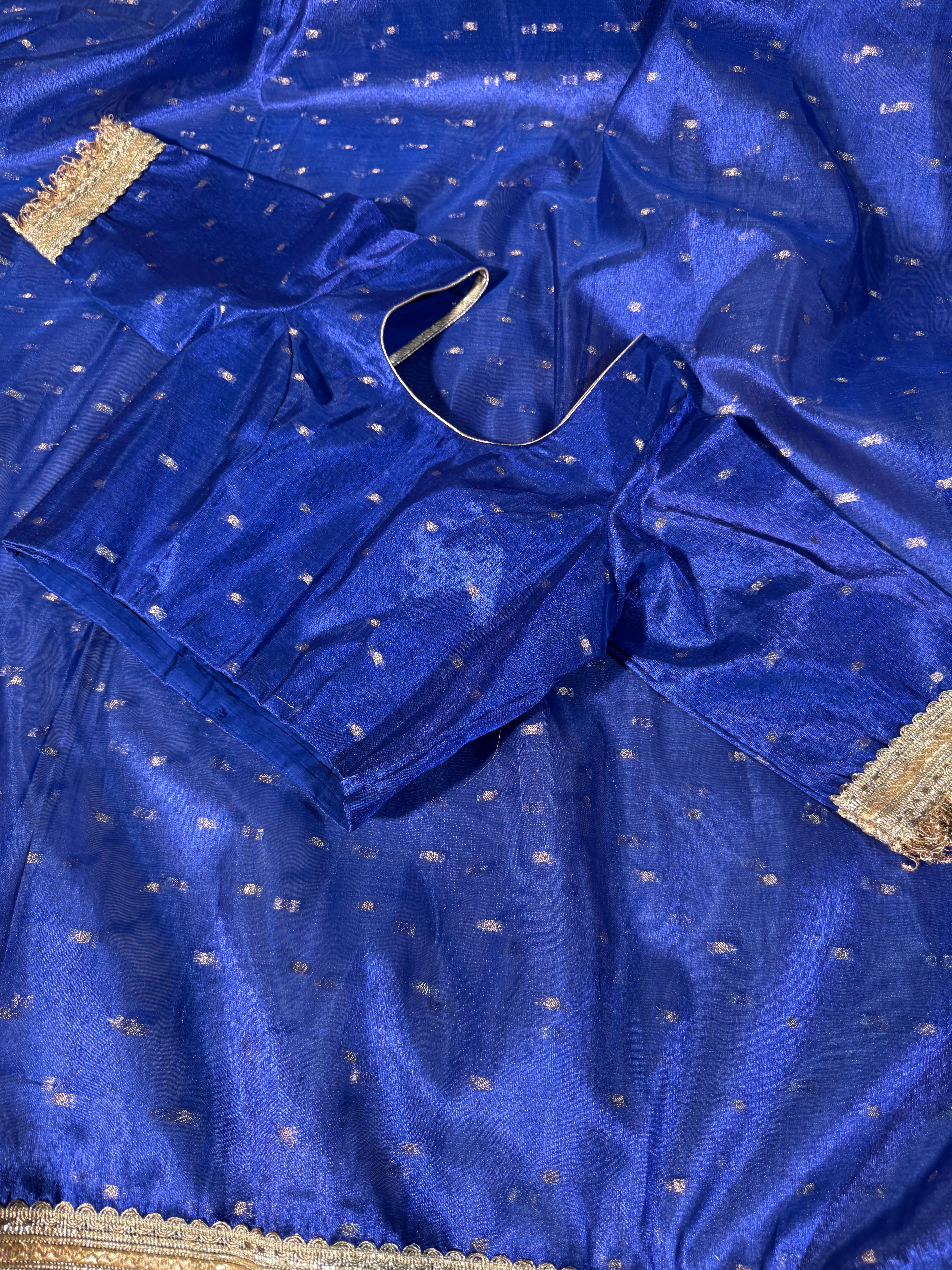 Ready To Wear Metallic Royal Blue Tissue Silk Saree with Lace Work