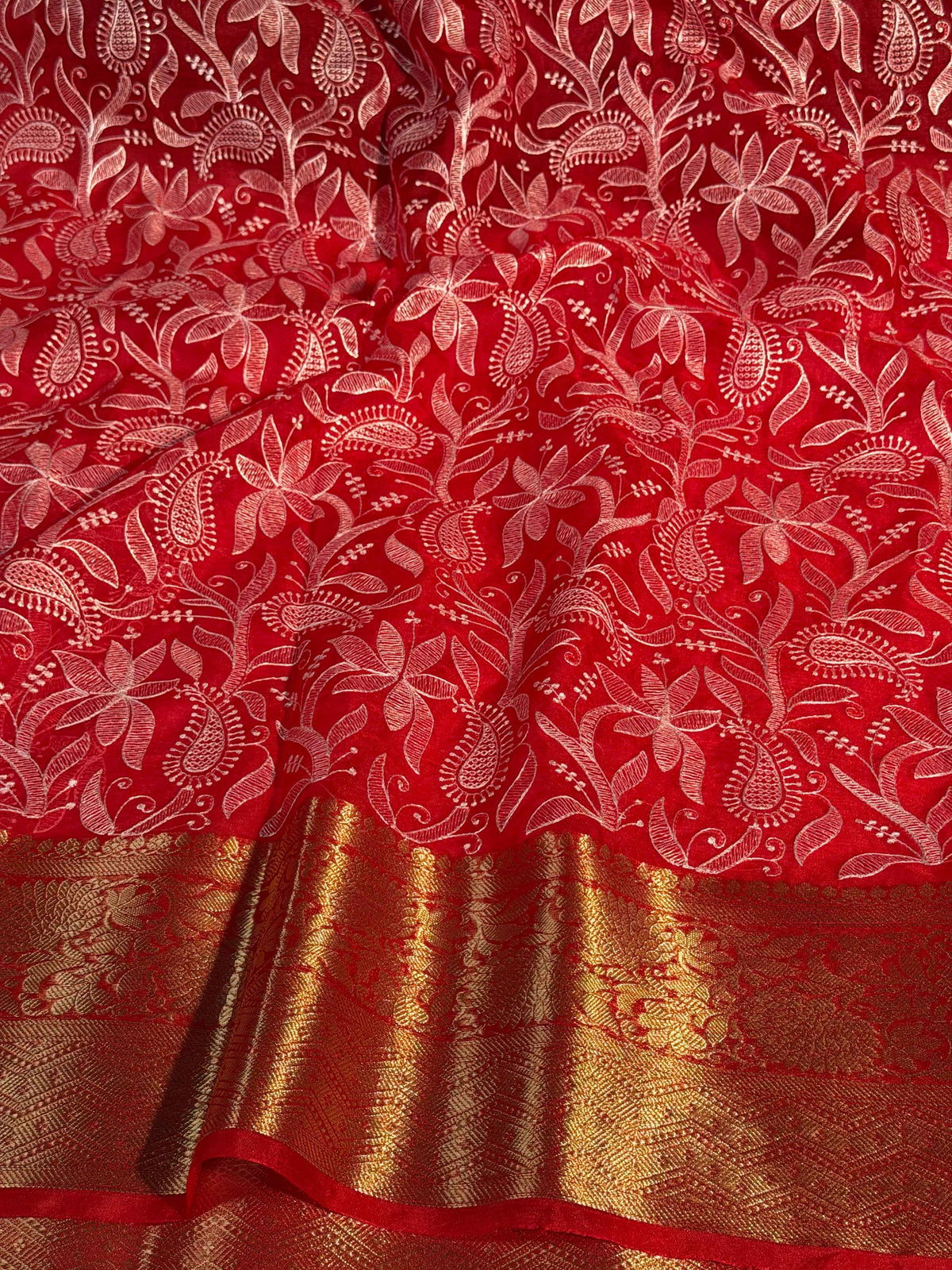 Bridal Red Premium Chikankari Organza Silk Banarasi Saree