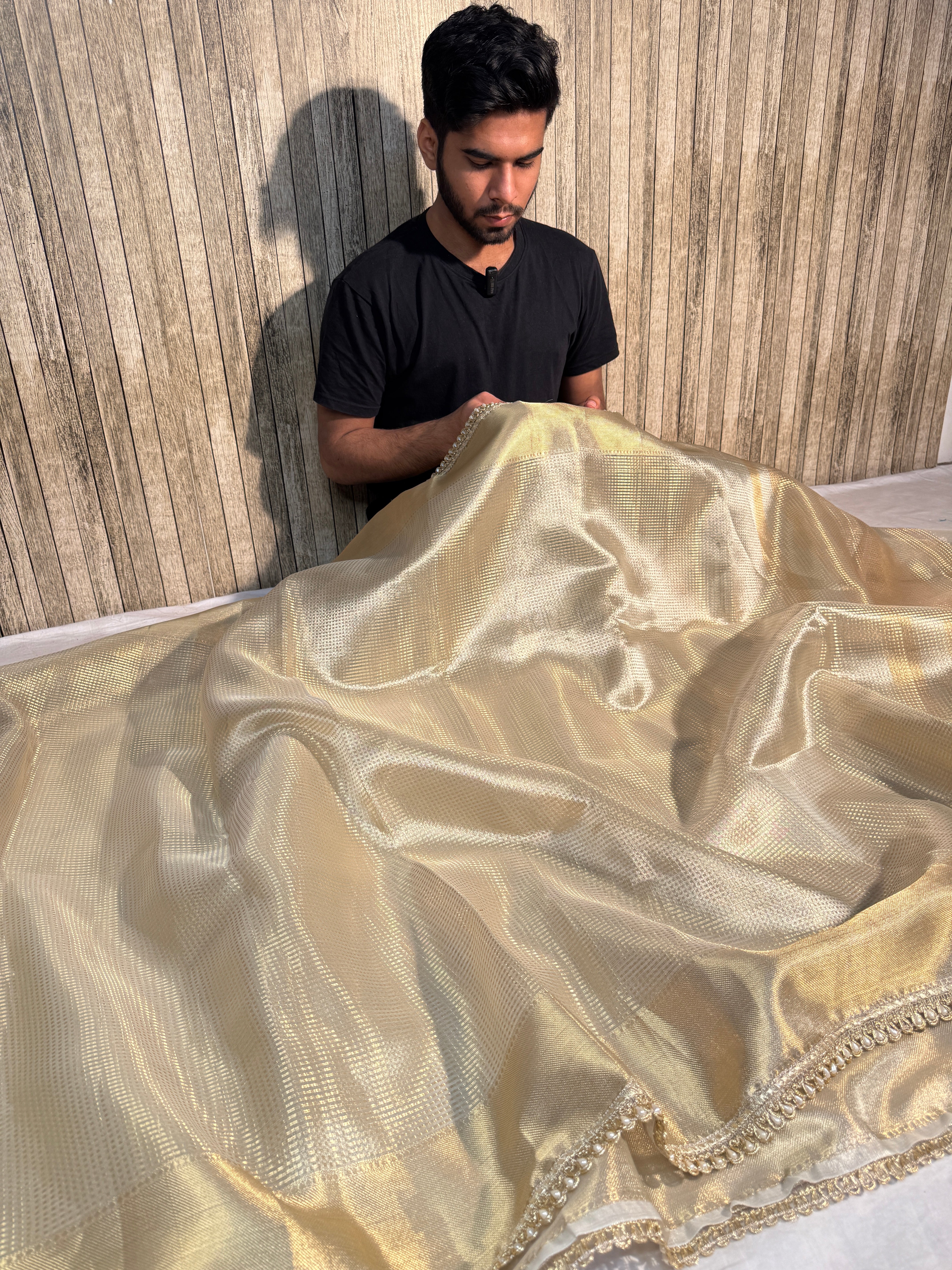 Nayanthara Mam Inspired Kanjivaram Tissue Silk Moti Lace Attached Banarasi Saree