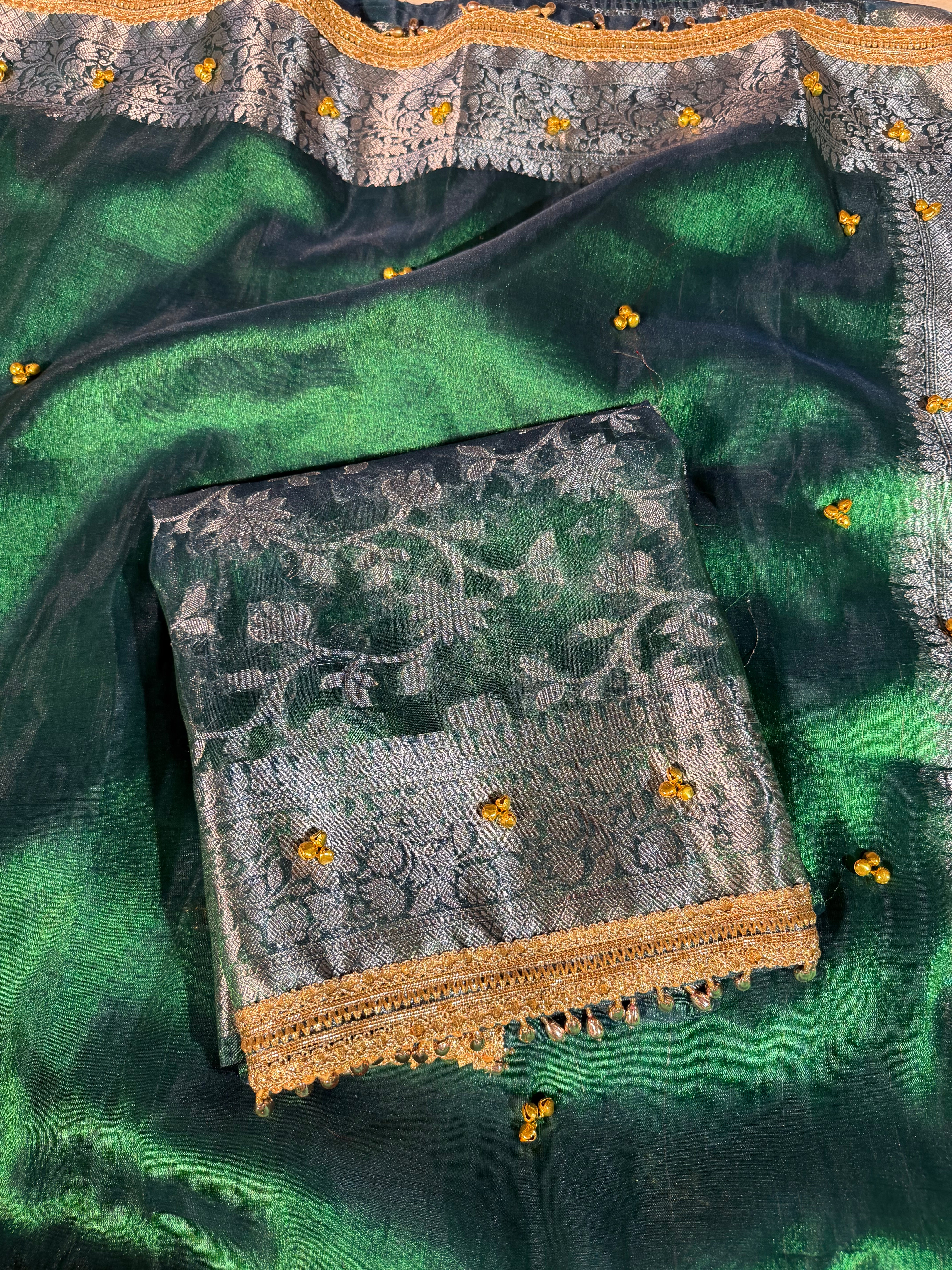 Ghungroo Handwork Metallic Sapphire Green Premium Tissue Silk Banarasi Saree