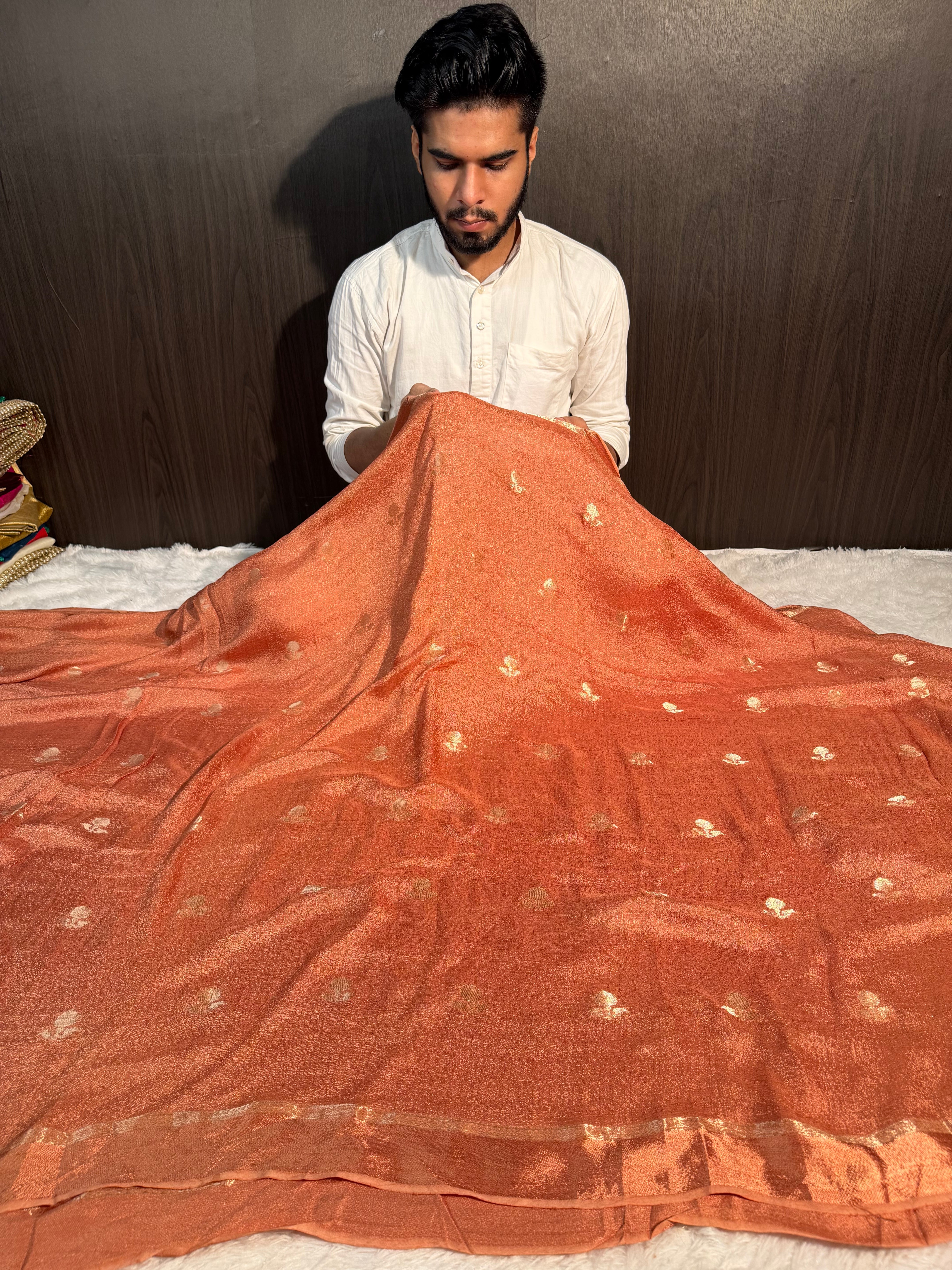 Peach Premium Viscose Georgette Silk Banarasi Saree