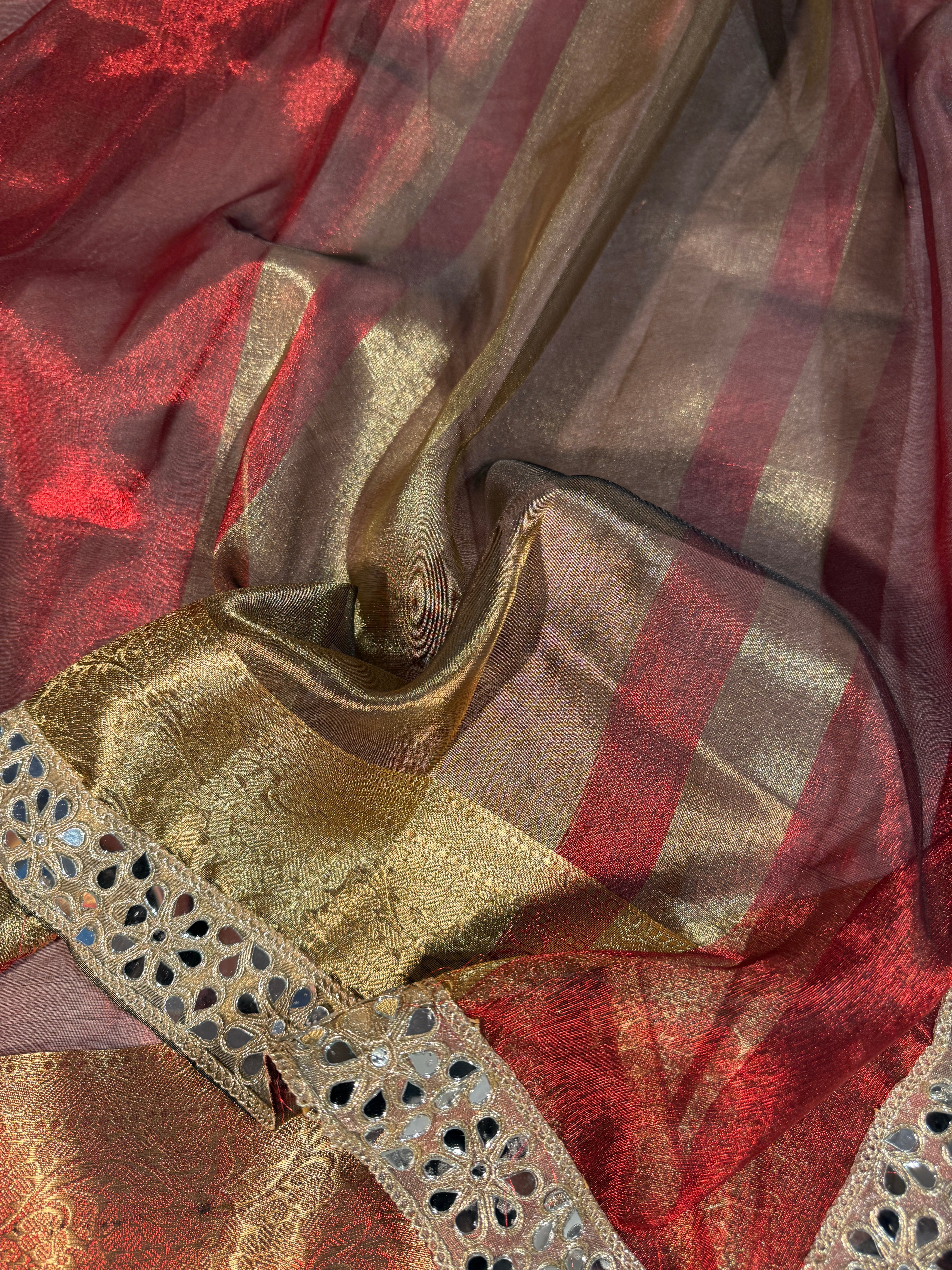 Metallic Maroon Premium Tissue Silk Mirror Lace Work Banarasi Saree