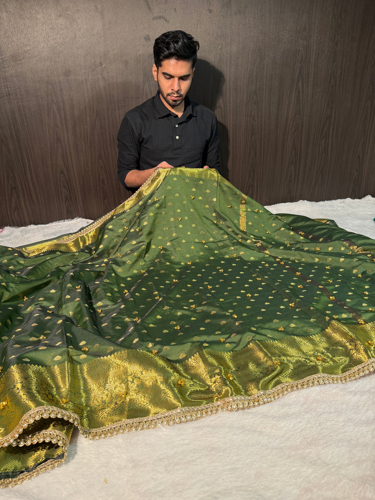 Viral Ghungroo Handwork Mehendi Green Shade Premium Katan Silk Banarasi Saree
