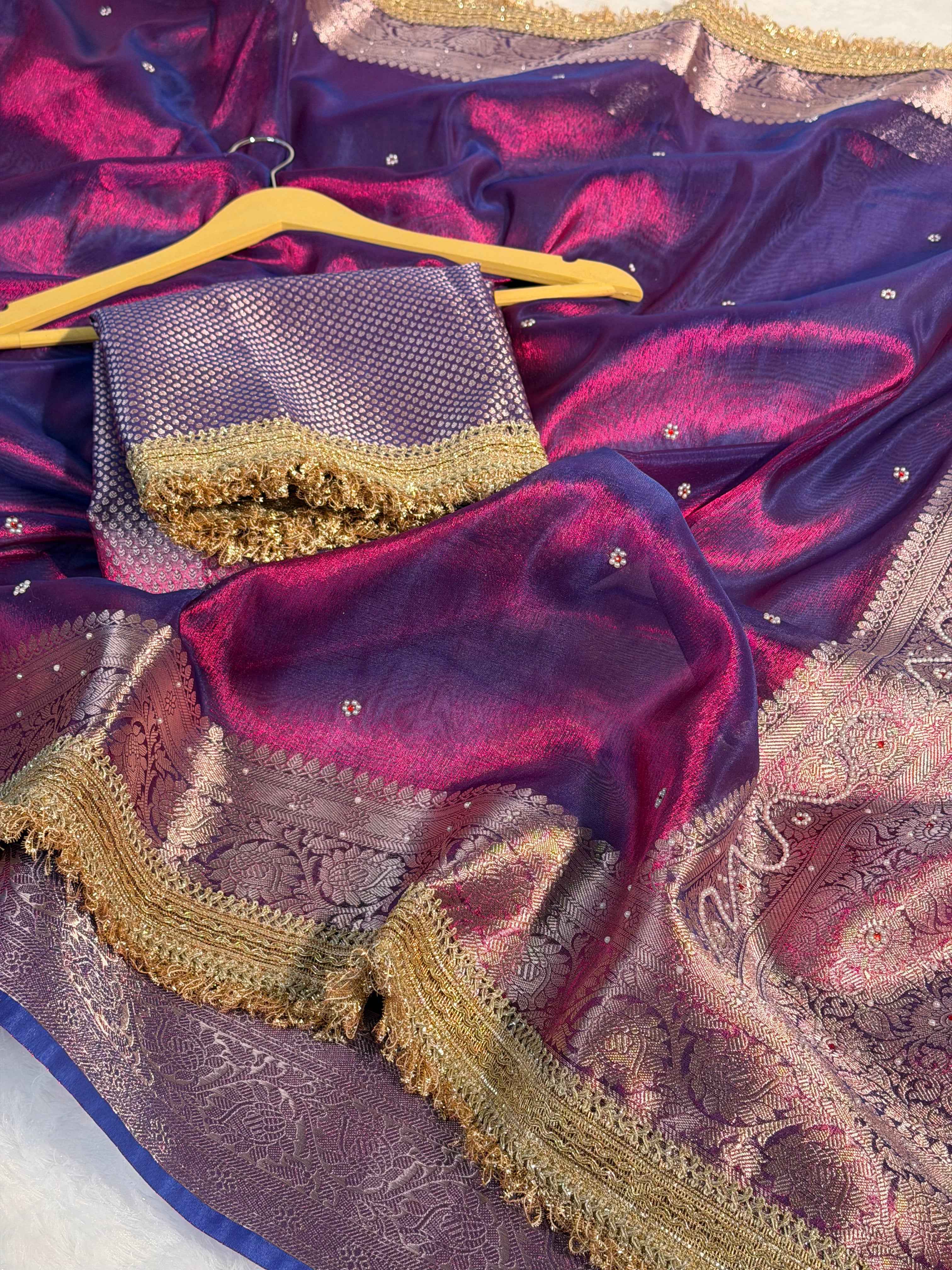 Rare Baigani Premium Tissue Silk Saree Hand Moti Stone Work with Lace Attached