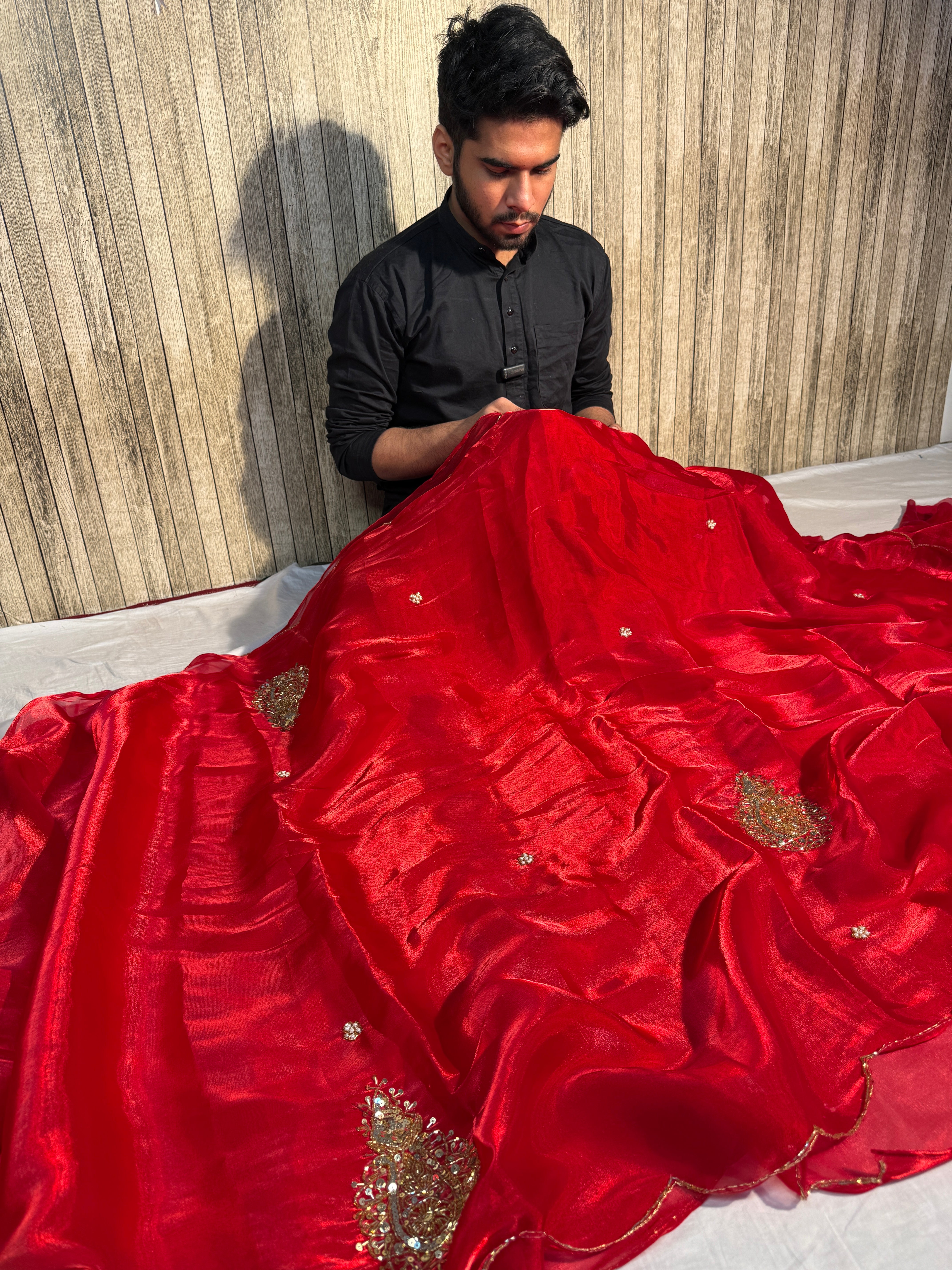 Bridal Red Premium Shimmery Tissue Handwork Saree