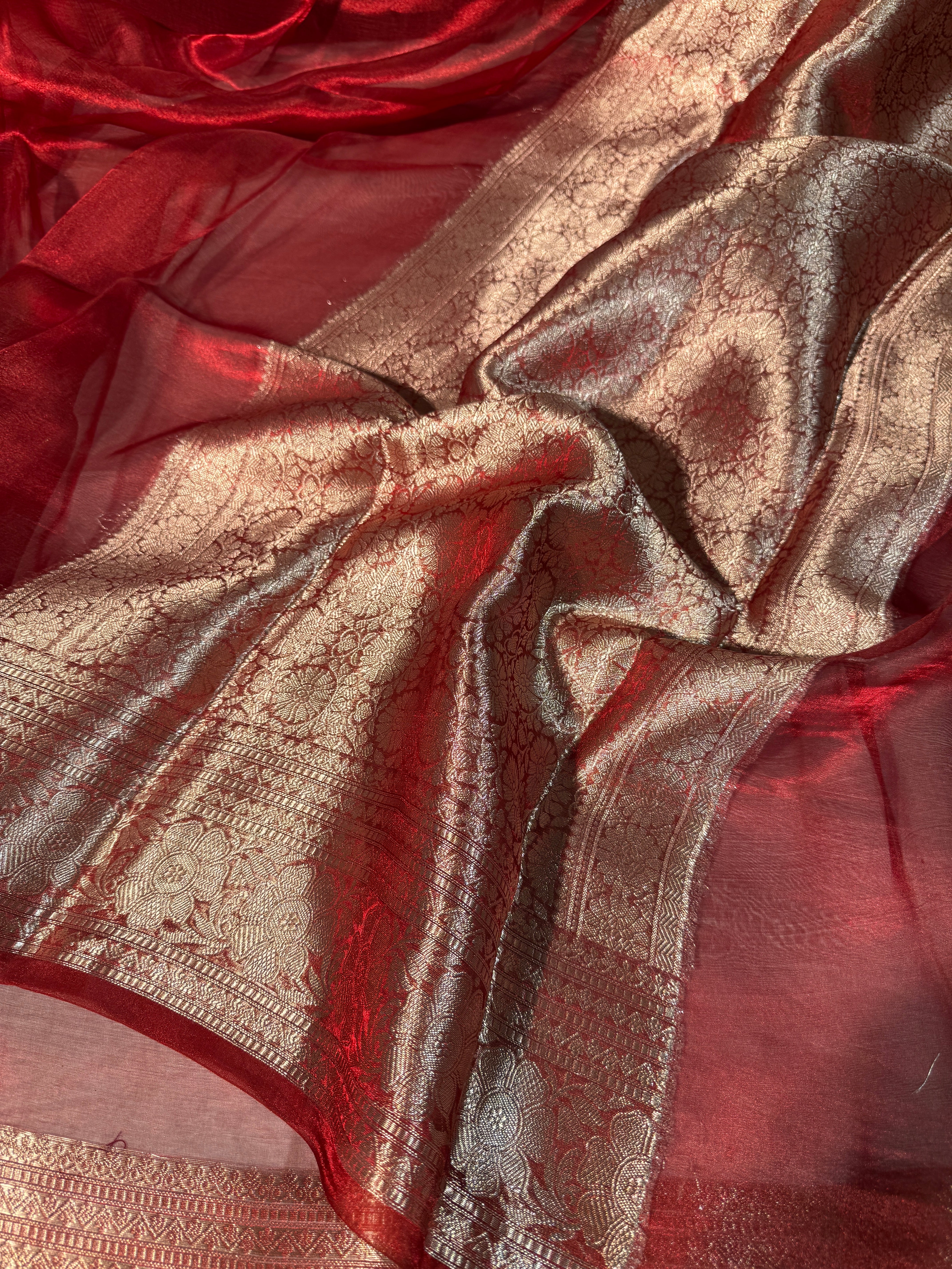 Carmine Red Pure Tissue Silk Banarasi Saree with Traditional Weave Borders
