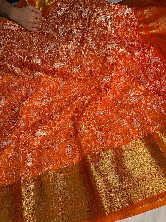Cosmic Orange Premium Chikankari Embroidered Organza Banarasi Saree