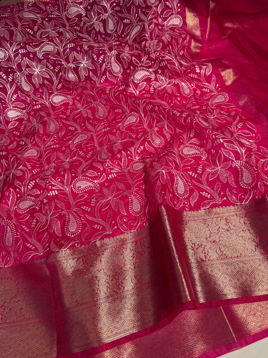 Rani Pink Exclusive Chikankari Banarasi Organza Silk Saree