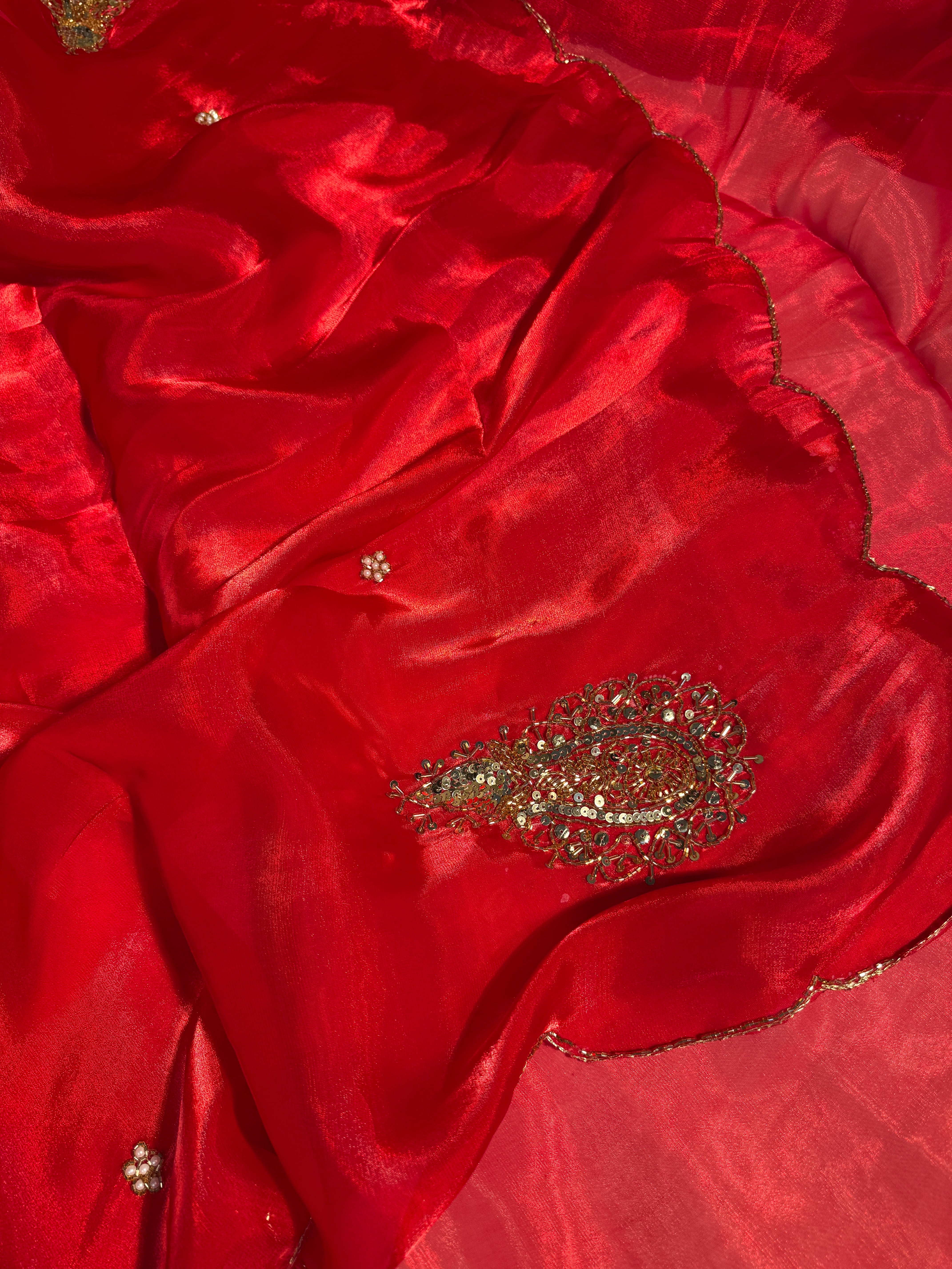 Ready To Wear Red Shimmery Tissue Silk Handwork Saree