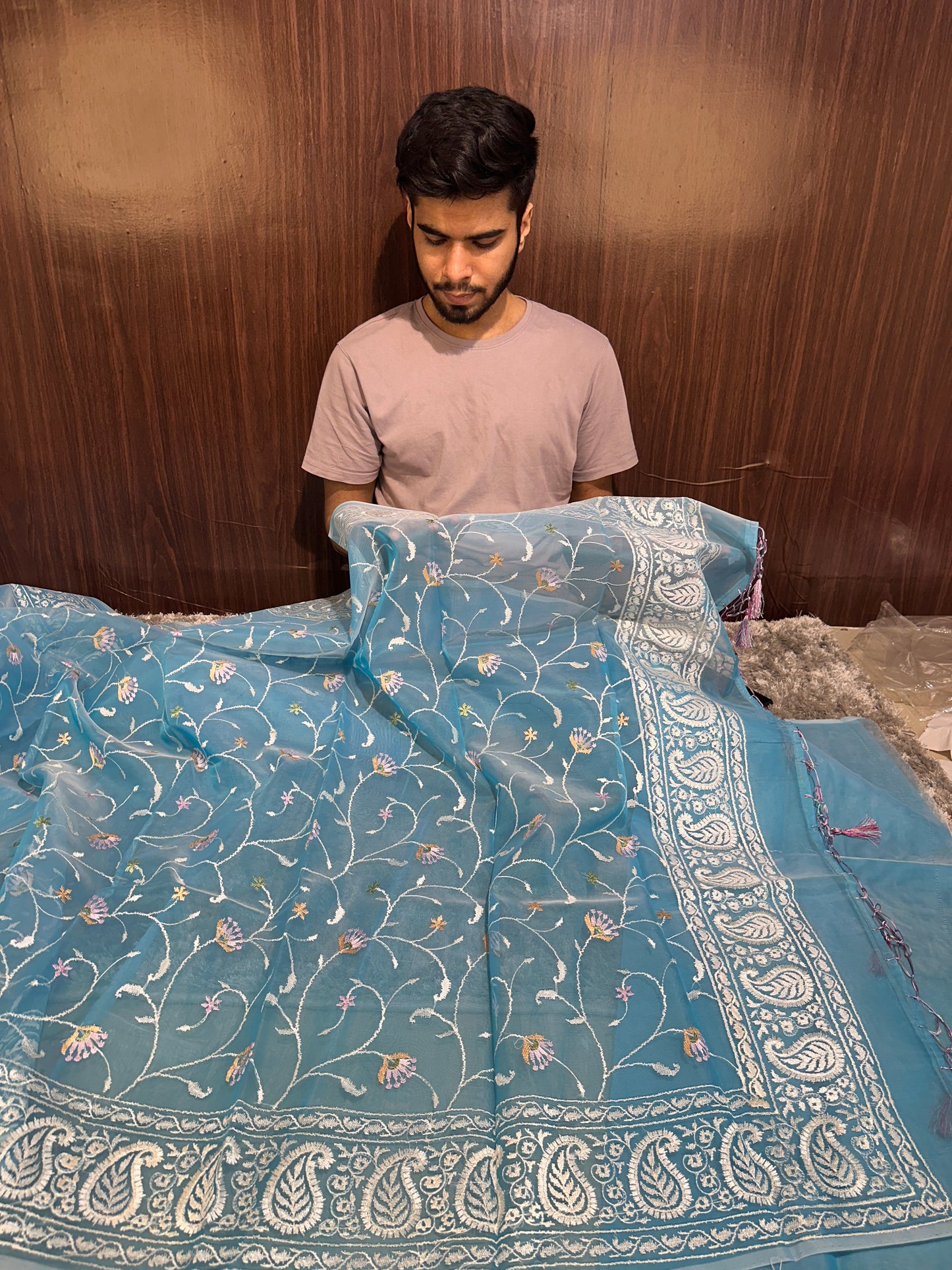 Pastel Firozi Designer Chikankari Organza Banarasi Saree