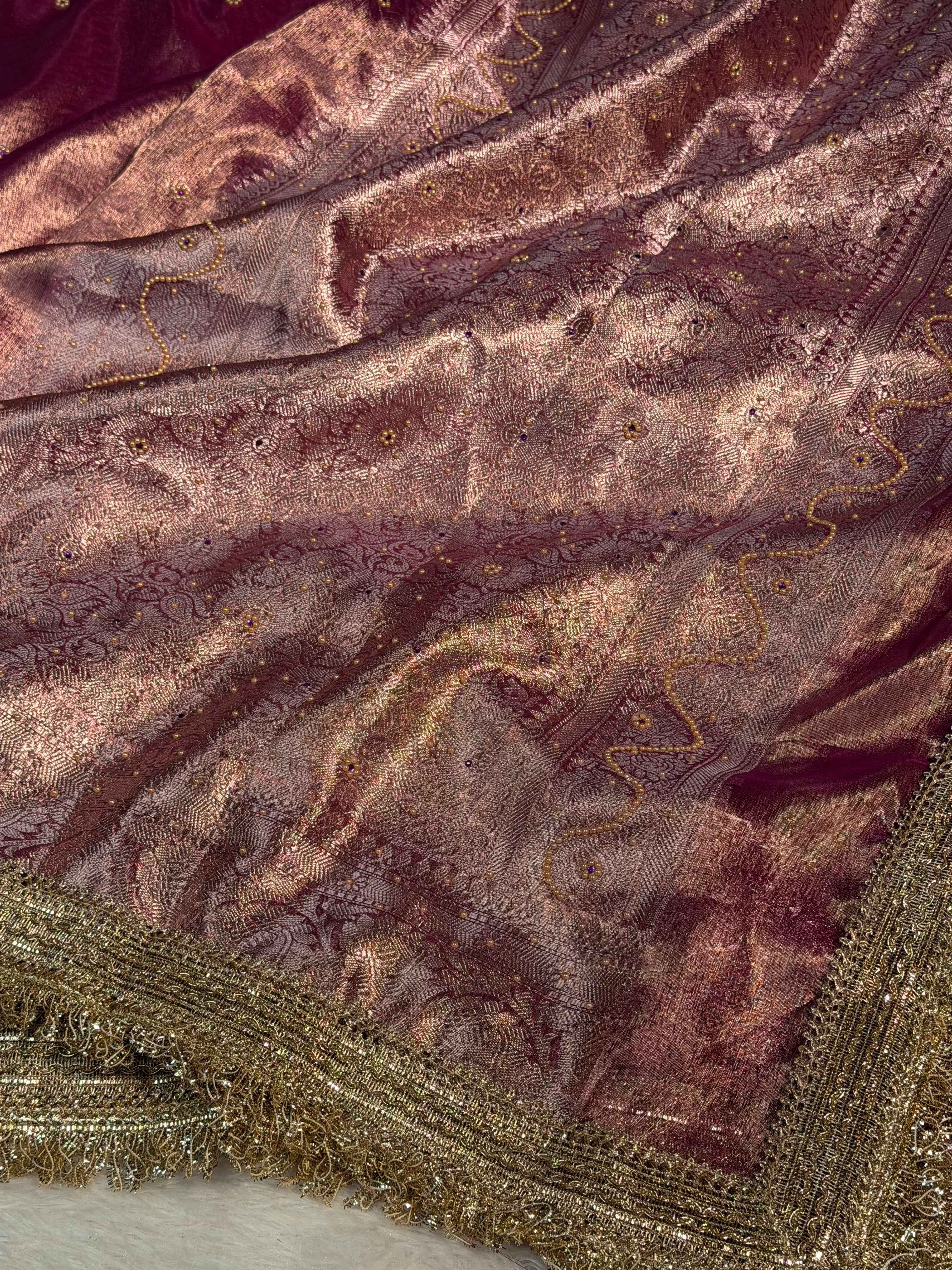 Rare Lavendar Premium Tissue Silk Saree Hand Moti Stone Work with Lace Attached