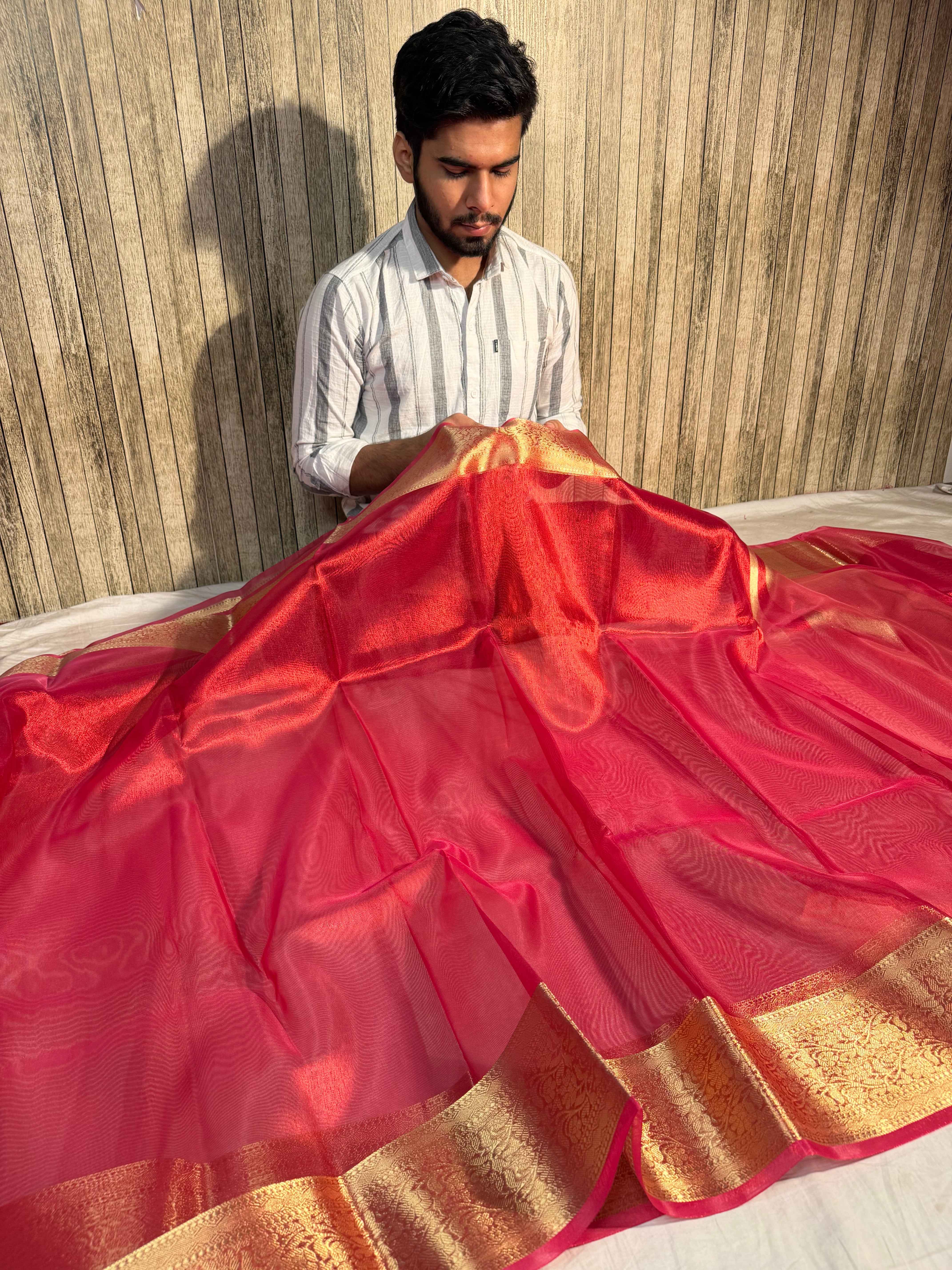 Metallic Red Premium Tissue Silk Saree with Traditional Floral Weave Borders