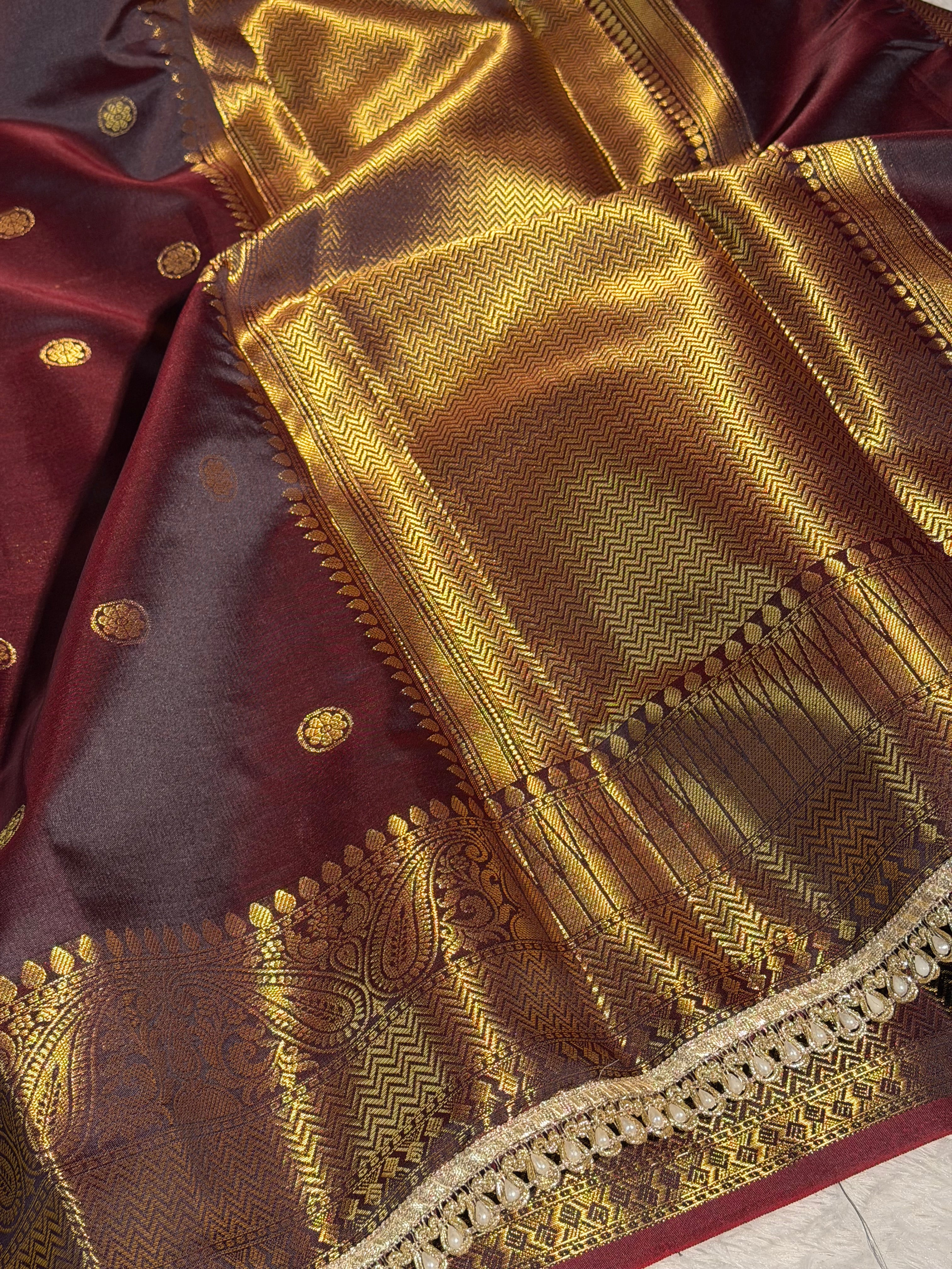 Coffee Brown Premium Soft Katan Silk Banarasi Saree with Moti Lace Work