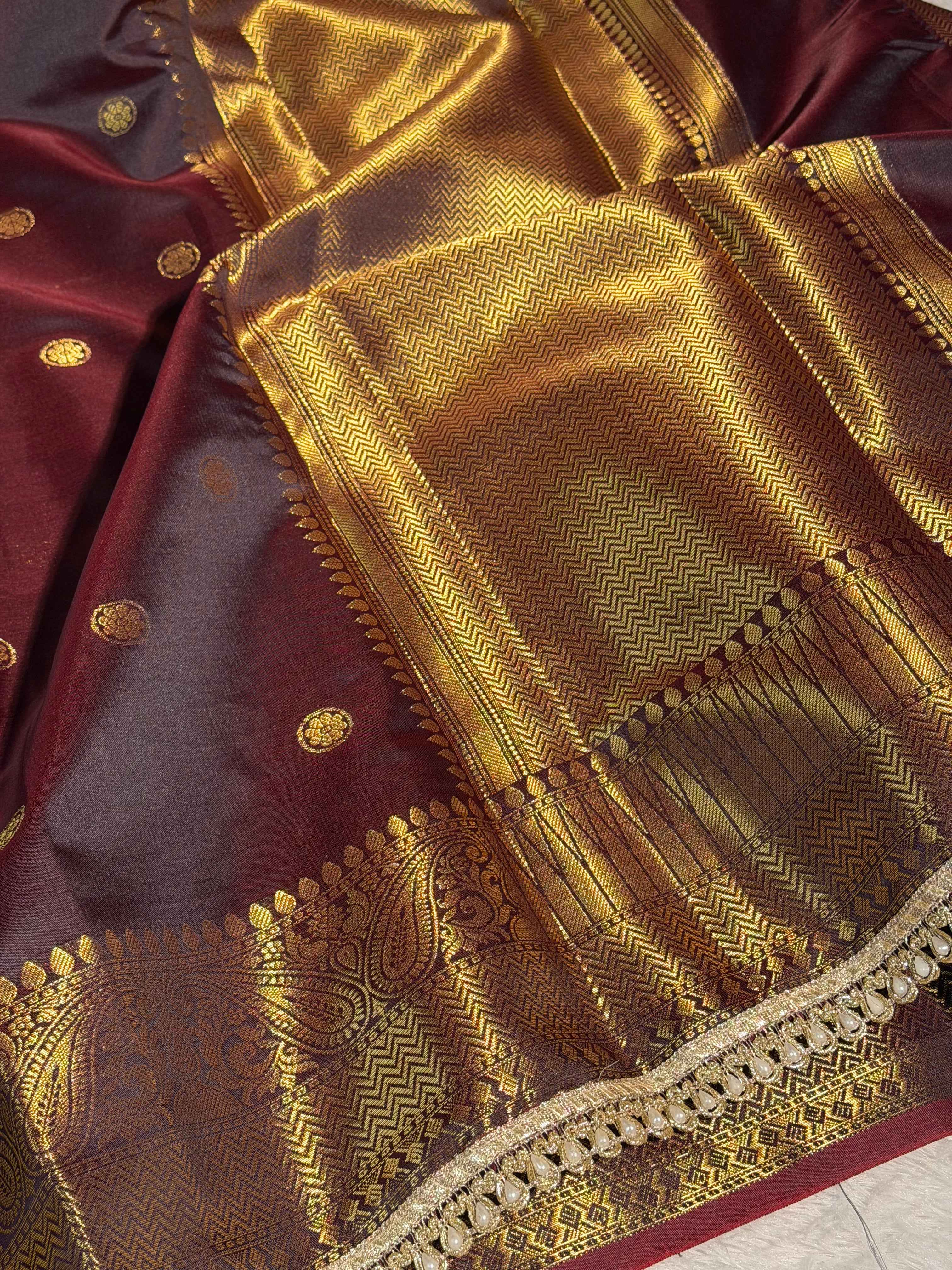 Brown Premium Soft Katan Silk Banarasi Saree with Moti Lace Work