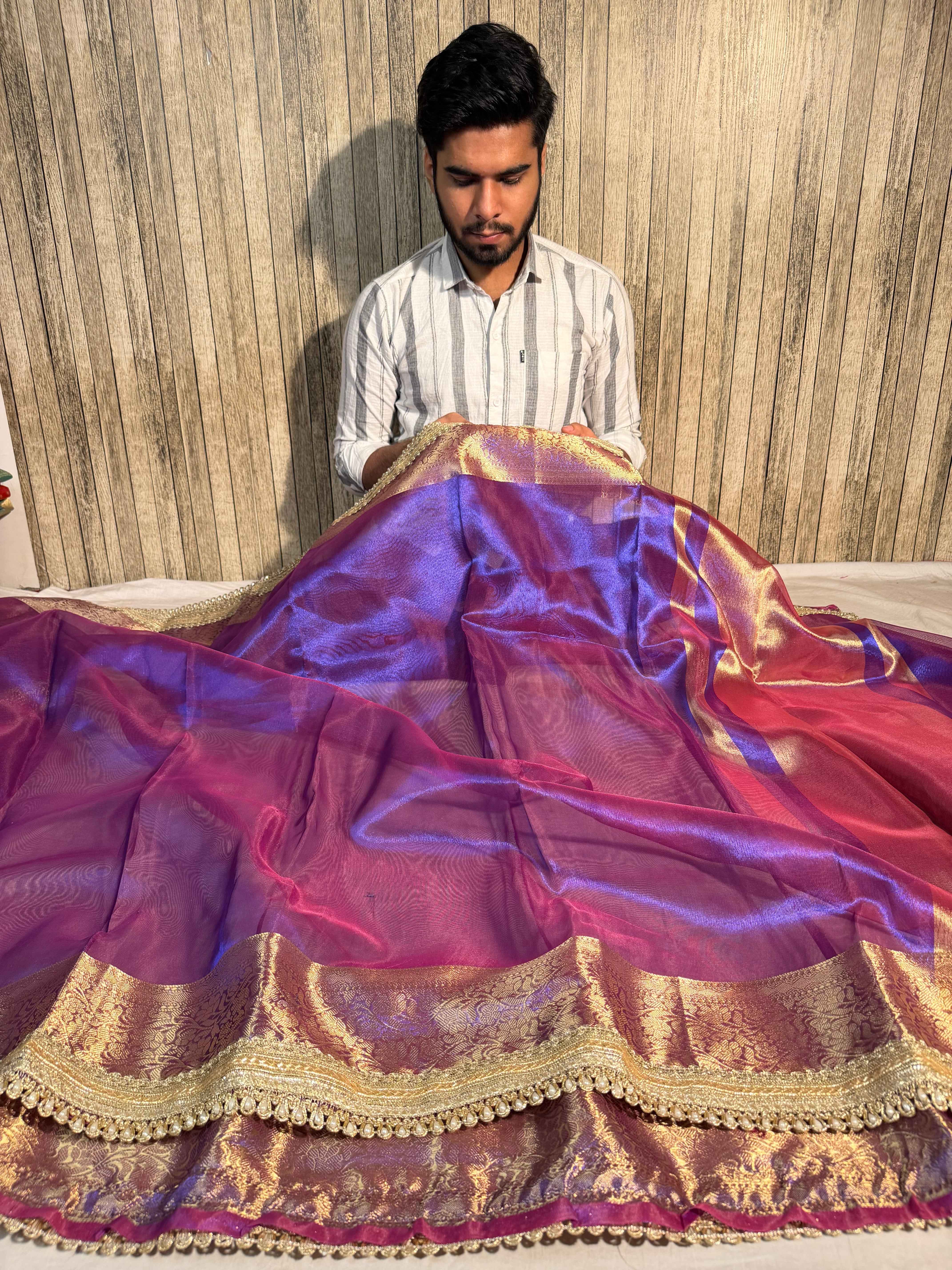 Rare Baigani Premium Tissue Silk Moti Lace Attached Banarasi Saree