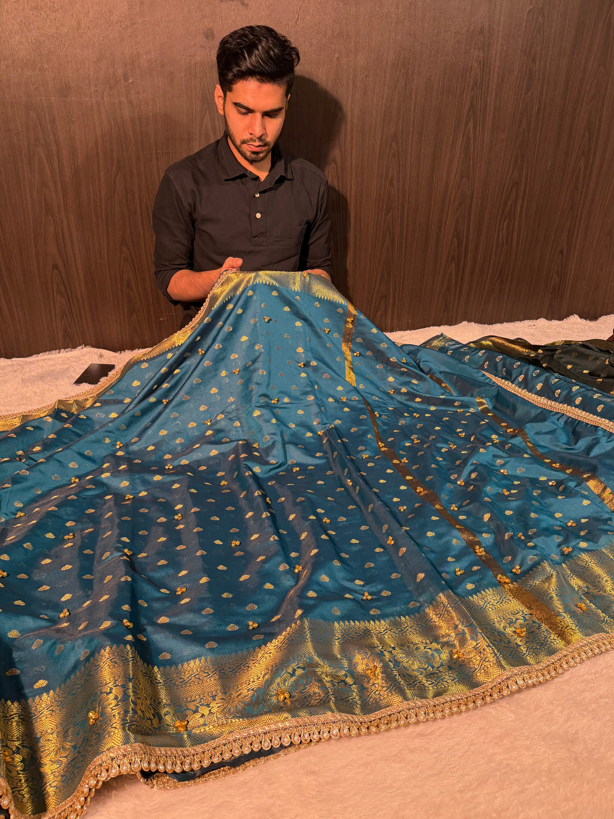 Viral Ghungroo Handwork Firozi Premium Katan Silk Banarasi Saree