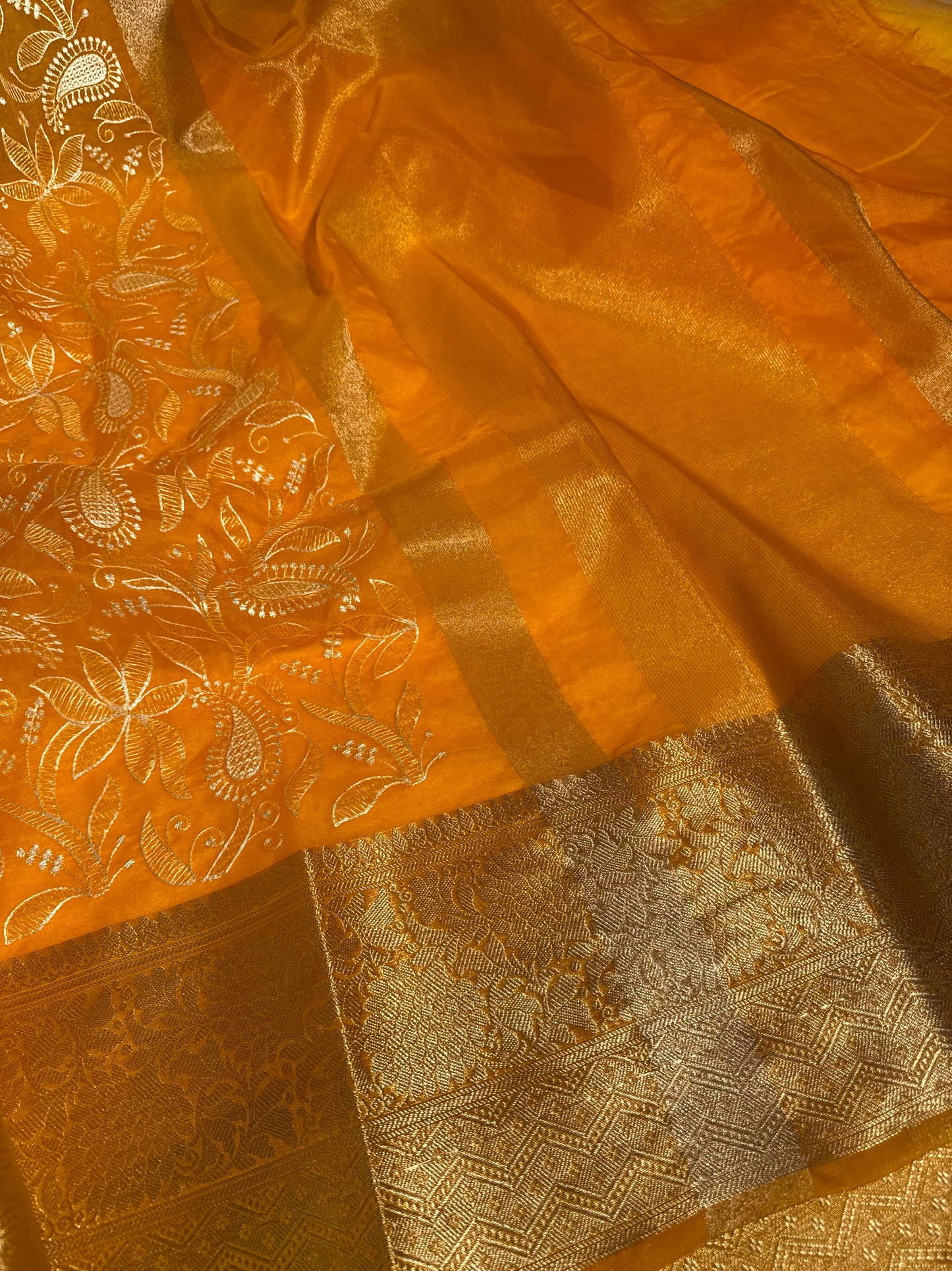 Yellow Chikankari Organza Silk Banarasi Saree