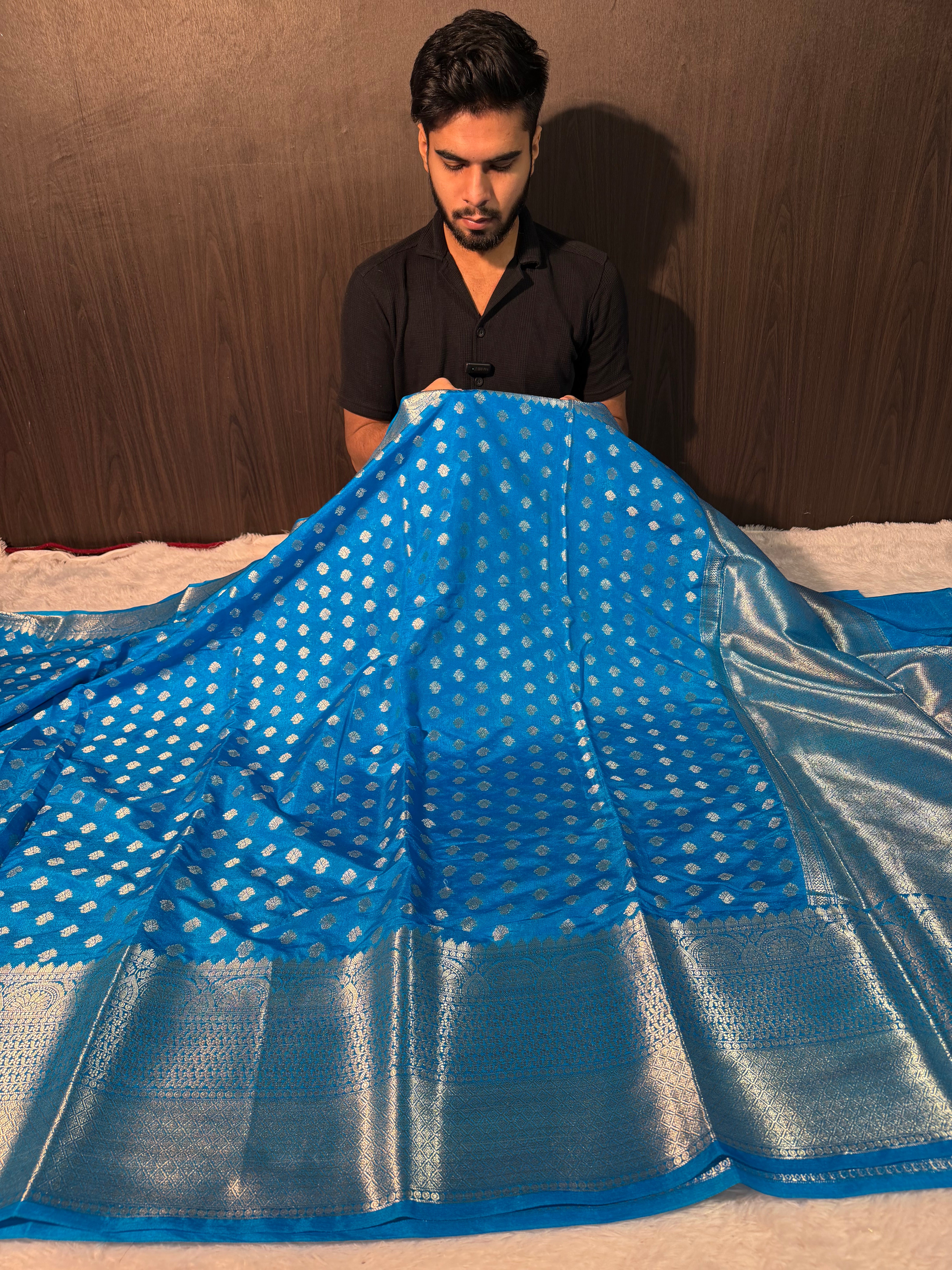 Pastel Firozi Premium Chiniya Silk Zari Buti Weave Banarasi Saree