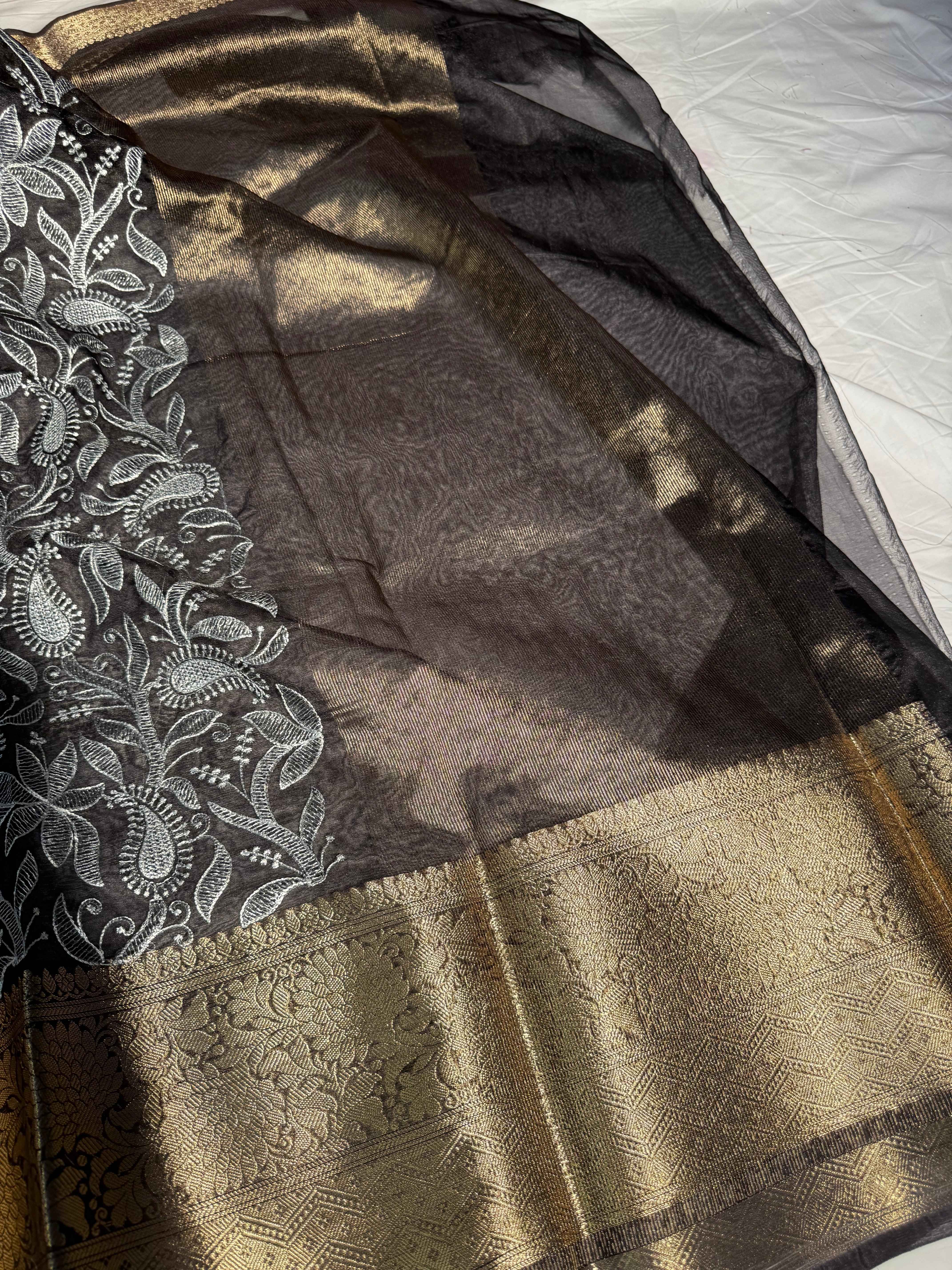 Black Premium Chikankari Banarasi Organza Silk Saree