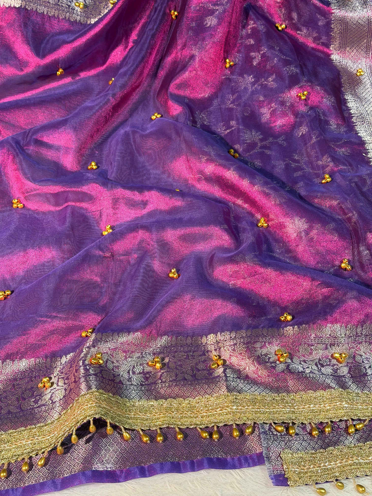 Ghungroo Handwork Metallic Baigani Premium Tissue Silk Banarasi Saree