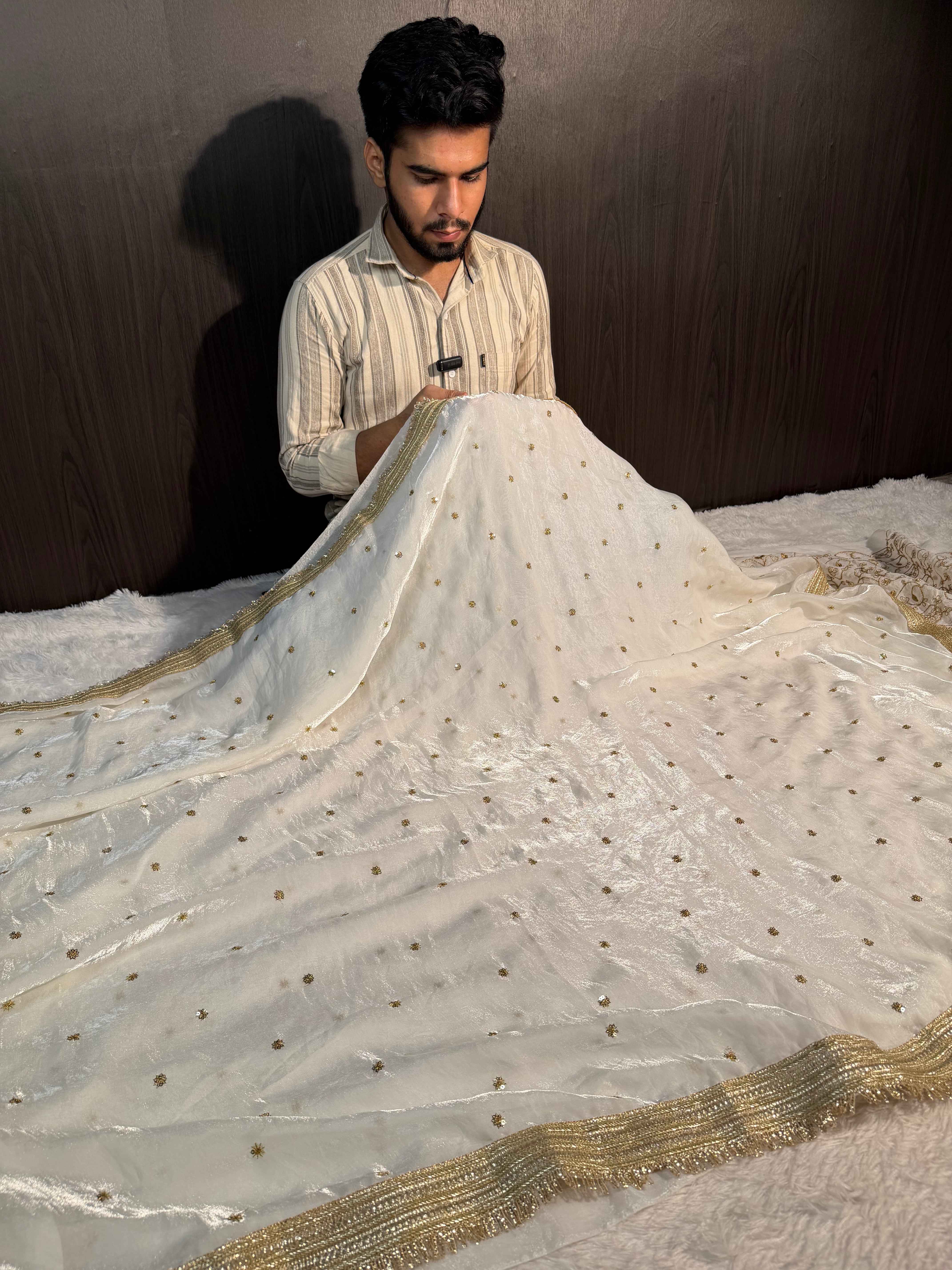 Ivory Premium Shimmery Tissue Silk Designer Saree