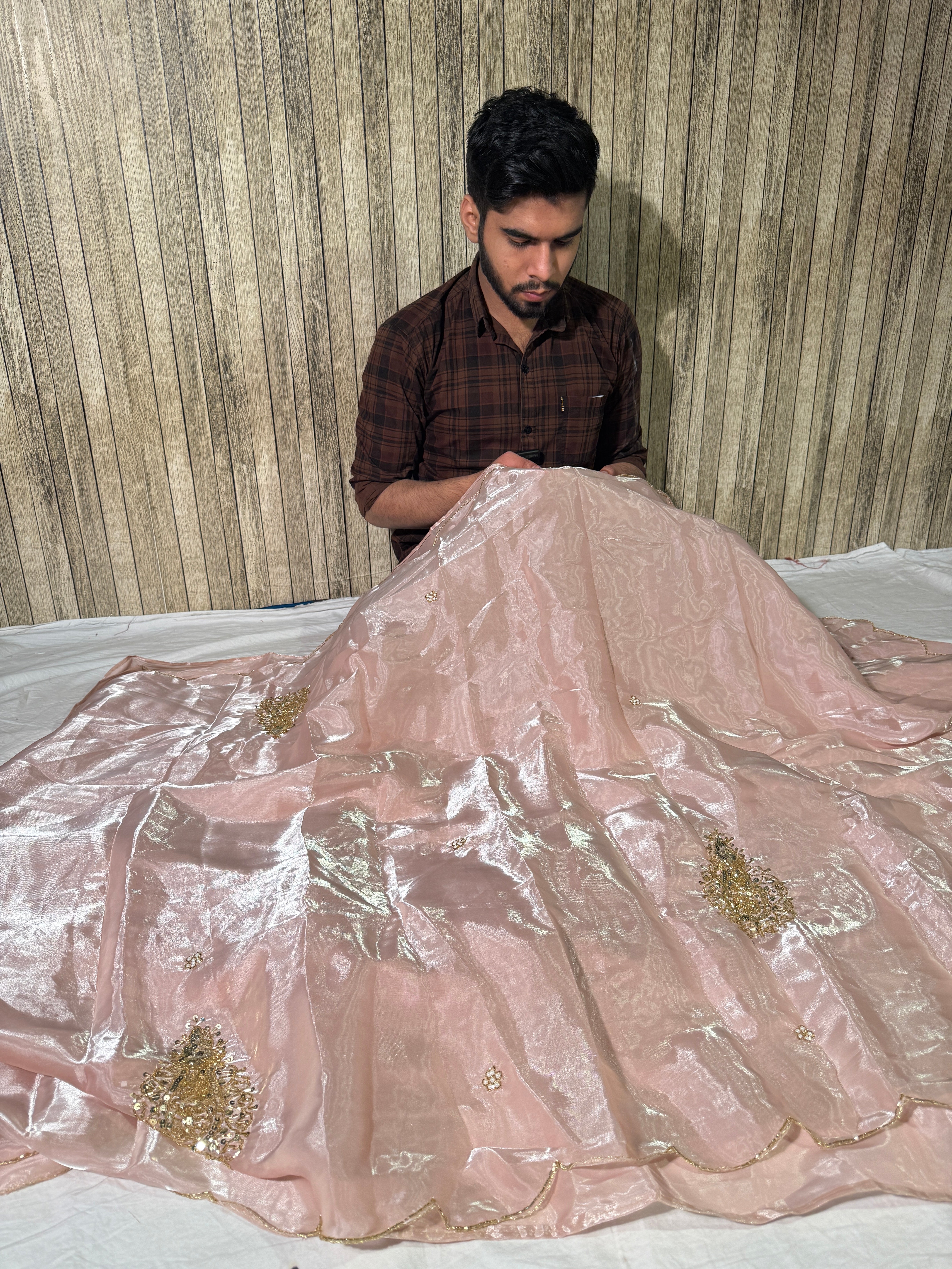 Pastel Pink Premium Shimmery Tissue Handwork Saree