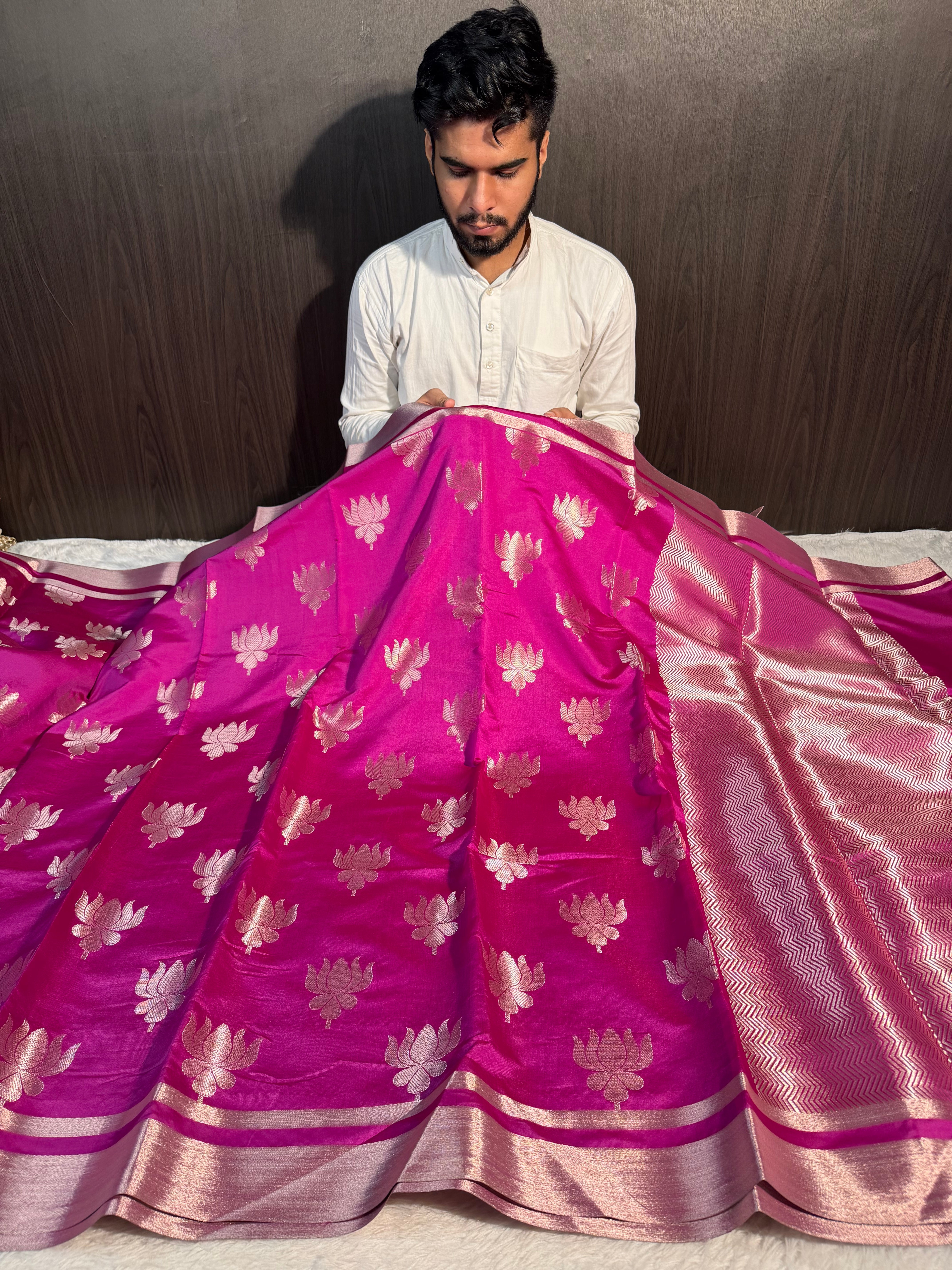 Rani Pink Premium Soft Katan Silk Banarasi Saree with Lotus Buta Weave