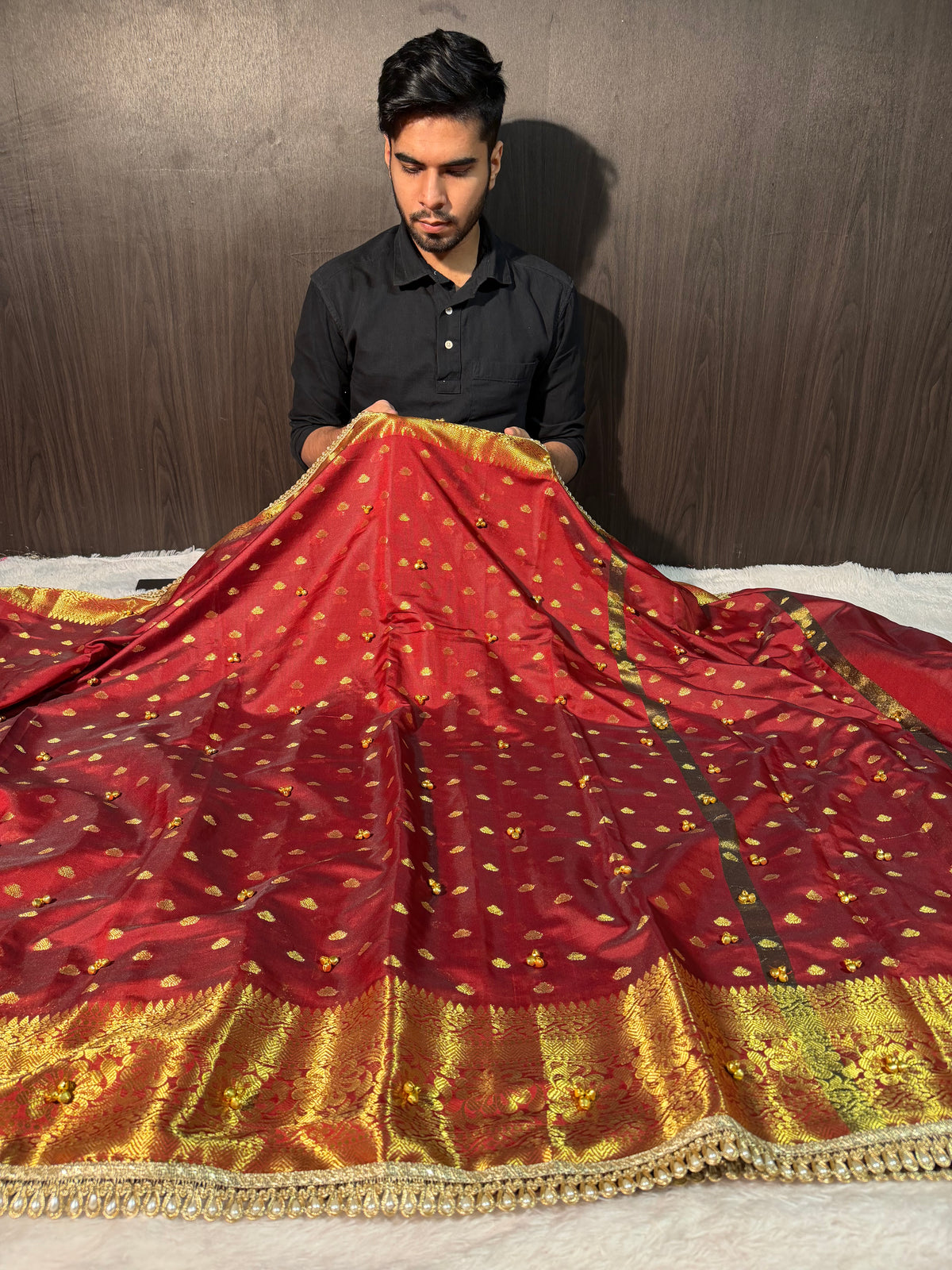 Viral Ghungroo Handwork Dark Maroon Premium Katan Silk Banarasi Saree