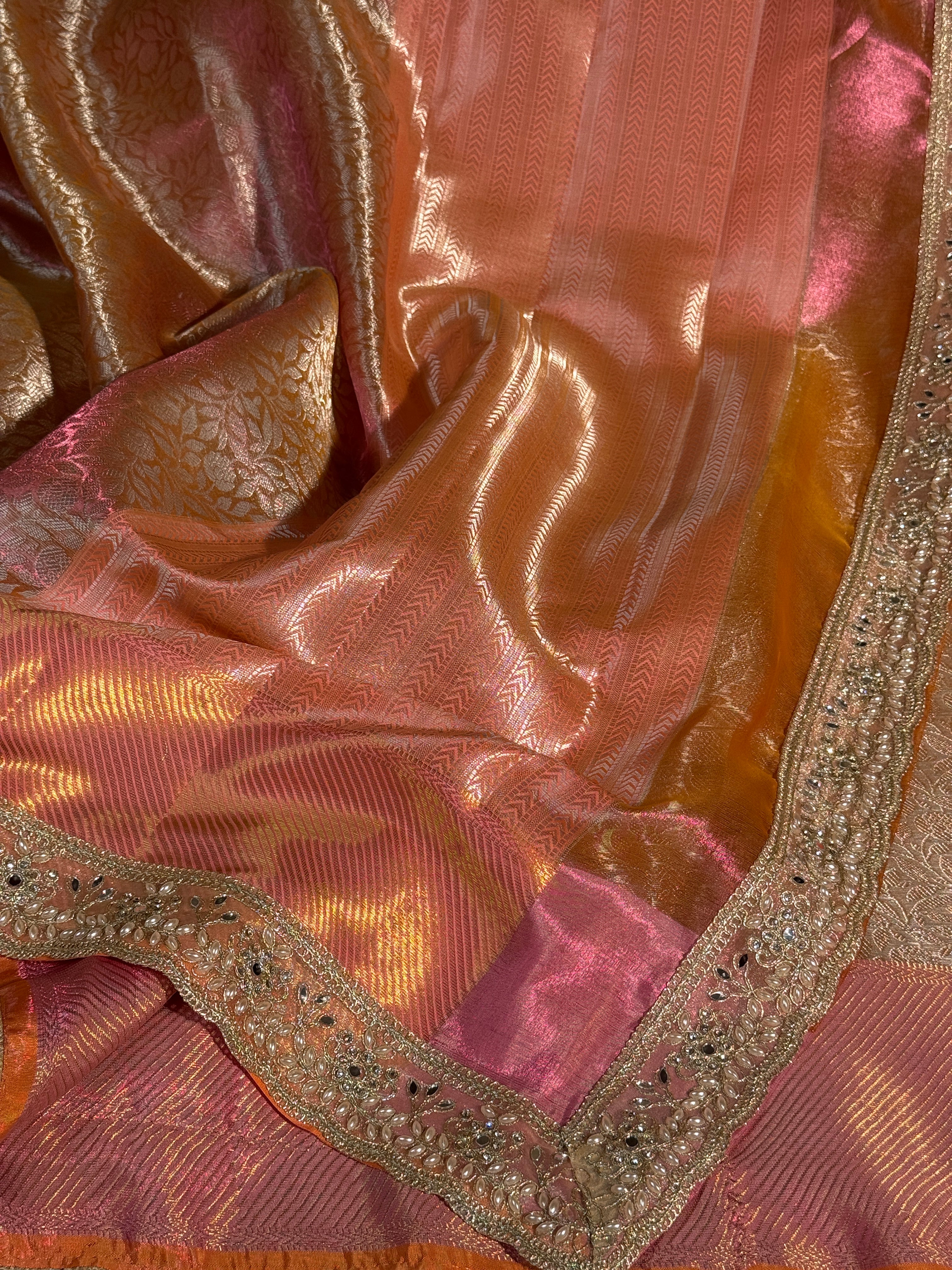 Sai Pallavi Inspired Premium Kanjeevaram Tissue Silk Banarasi Saree with Heavy Moti Lace