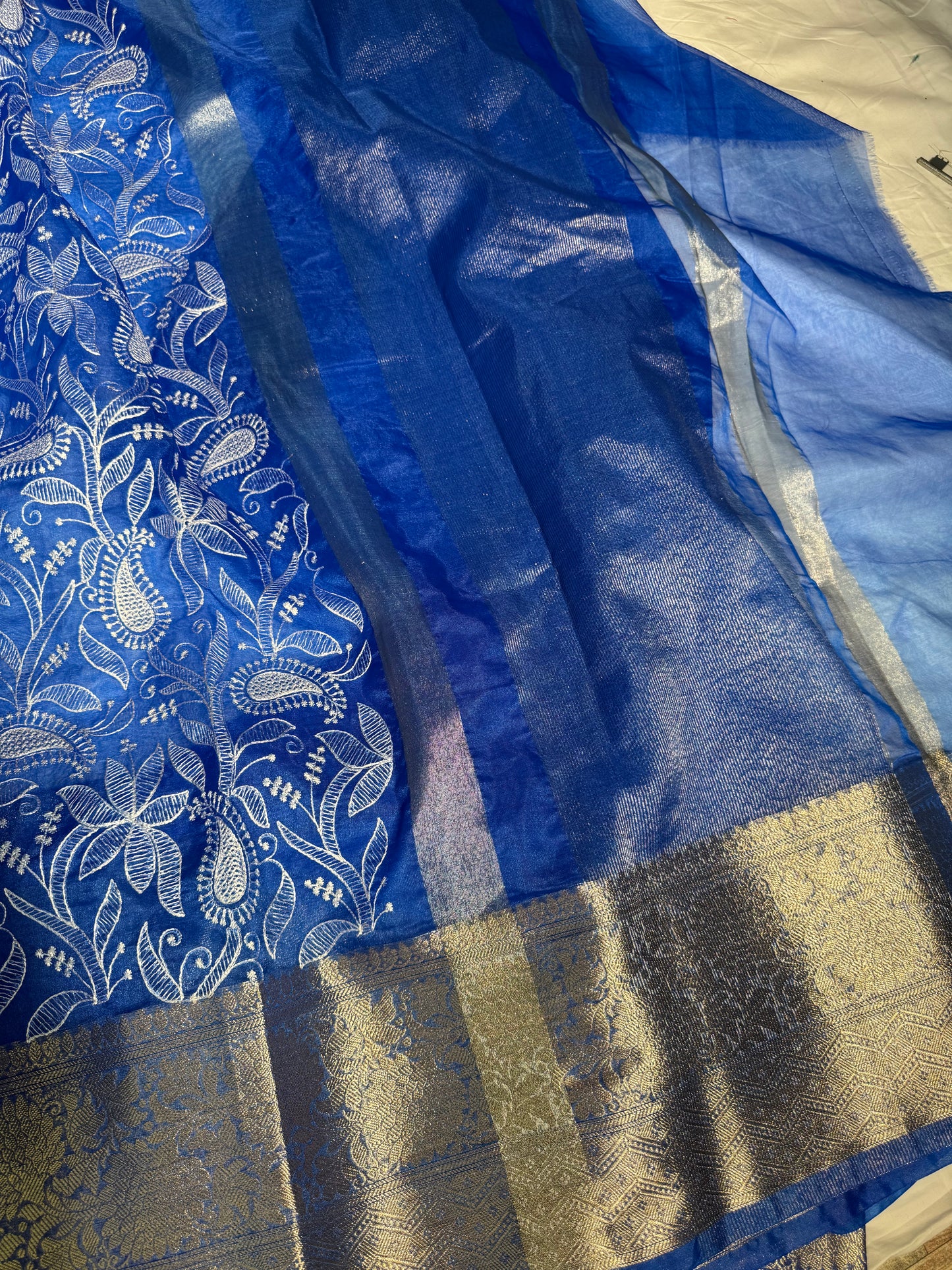 Premium Chikankari Royal Blue Organza Silk Banarasi Saree