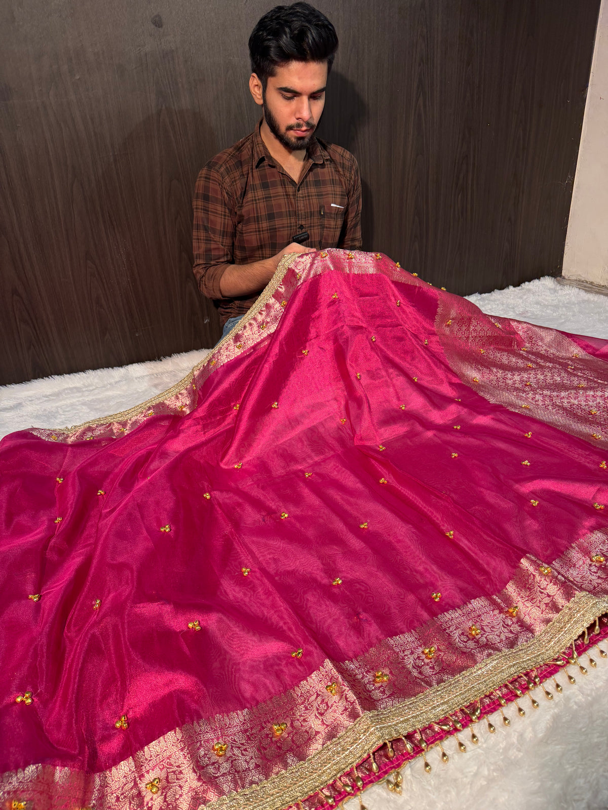 Ghungroo Handwork Bridal Rani Pink Premium Tissue Silk Banarasi Saree