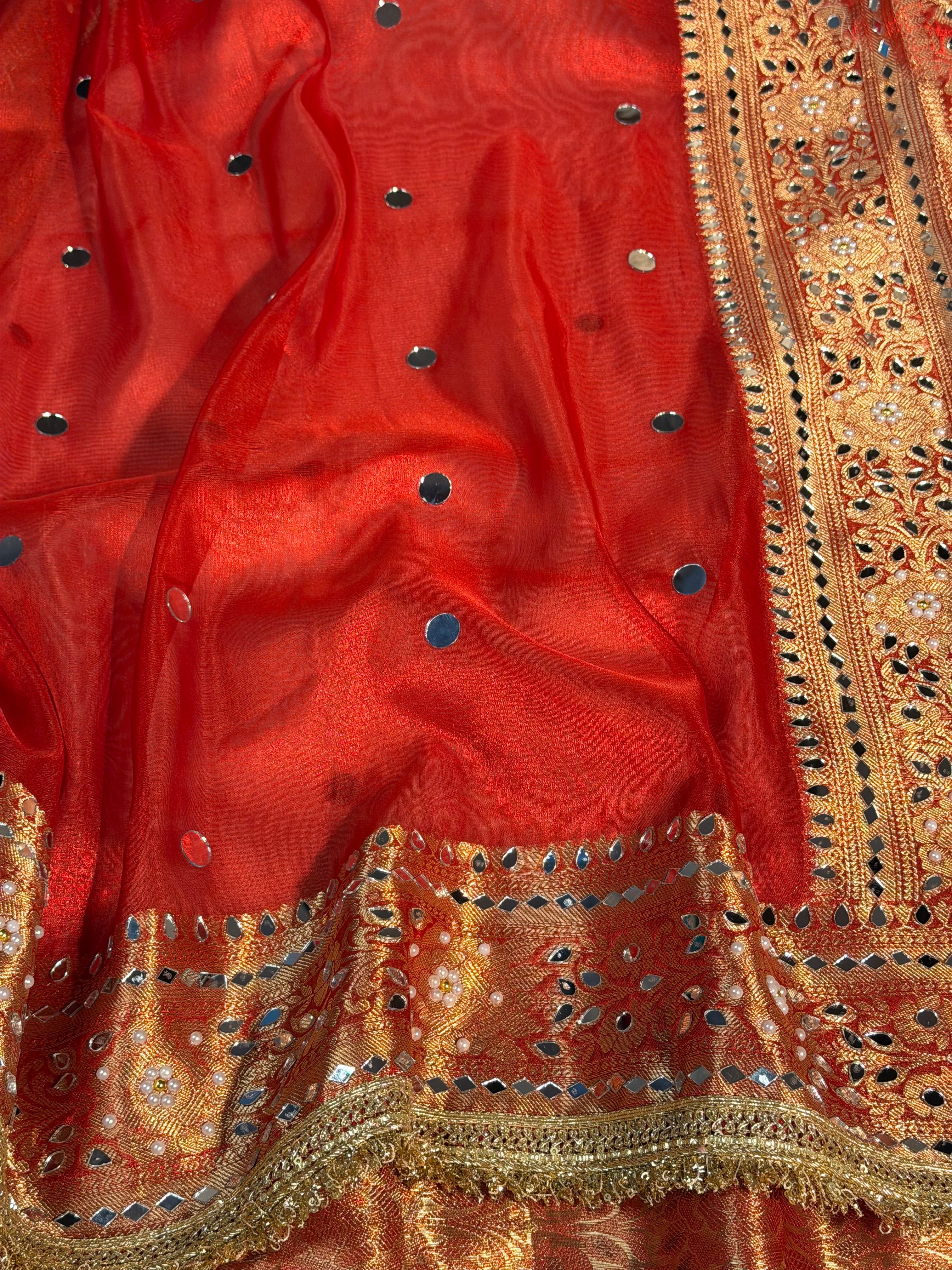 Metallic Red Premium Tissue Silk Saree Hand Mirror Work with Lace Attached