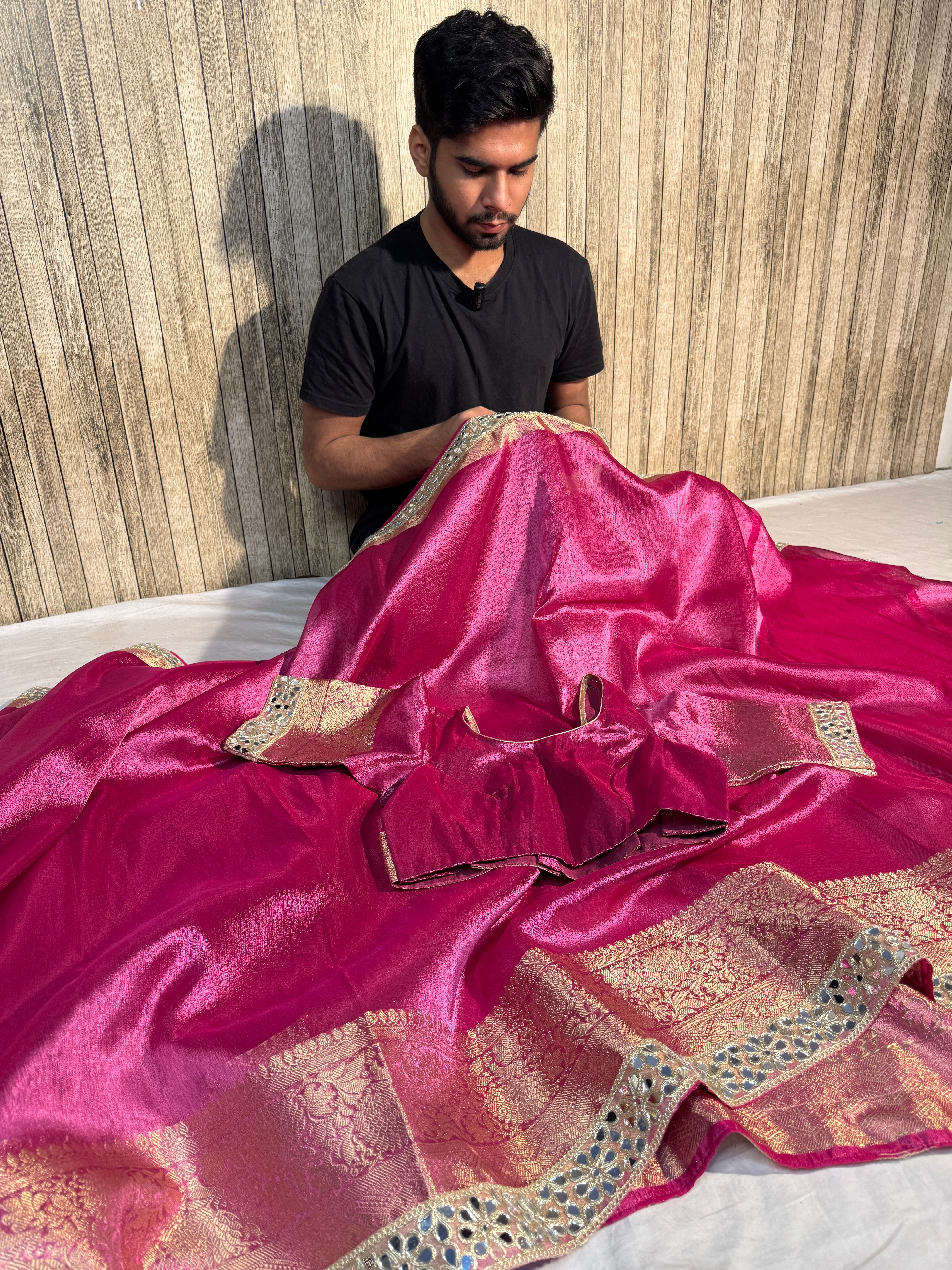 Metallic Rani Pink Premium Tissue Silk Mirror Lace Work Banarasi Saree