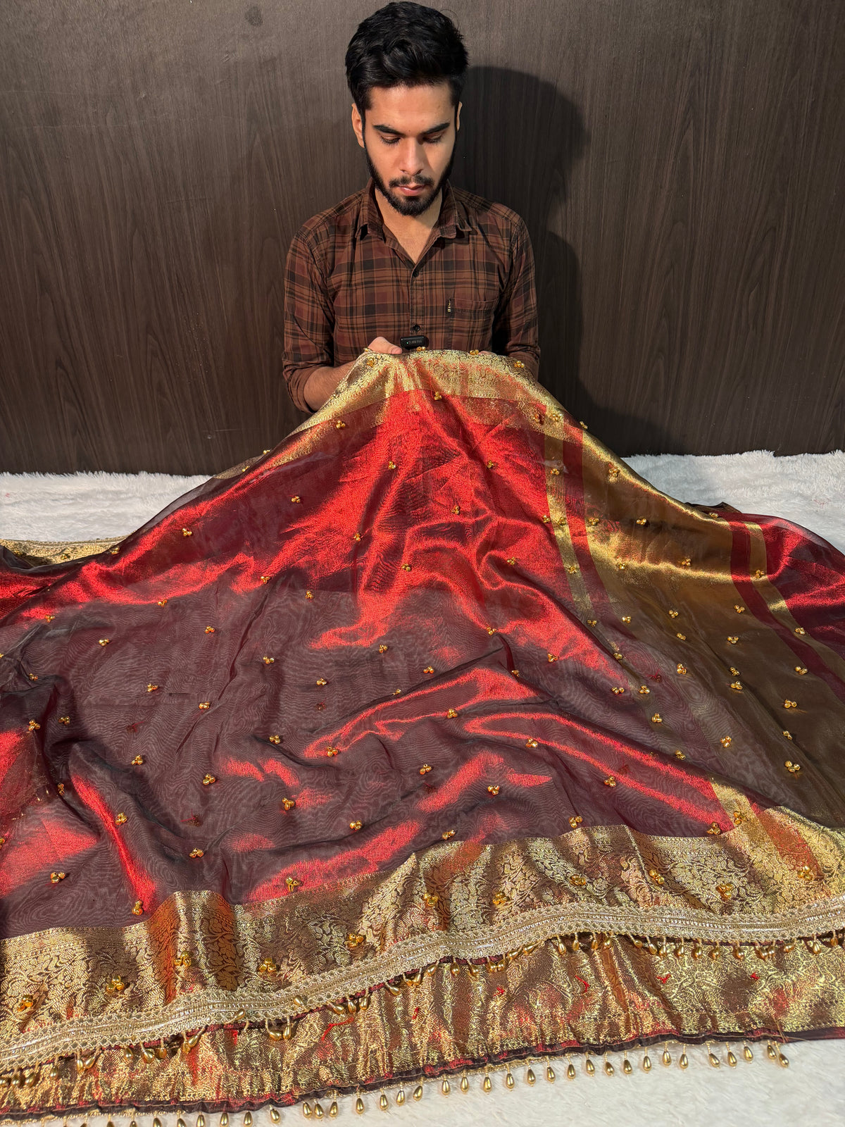 Ghungroo Handwork Metallic Maroon Premium Tissue Silk Banarasi Saree