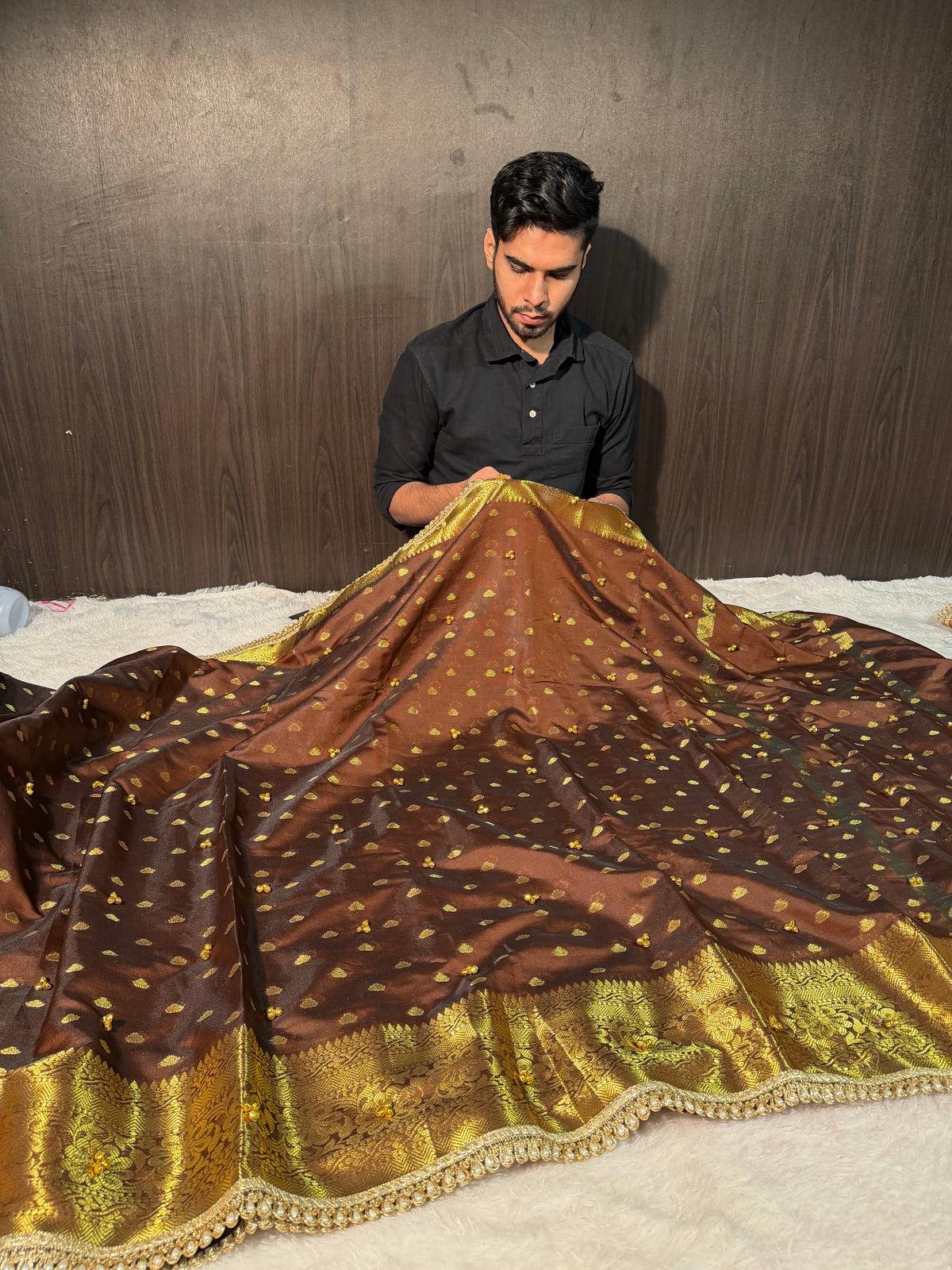 Viral Ghungroo Handwork Brown Premium Katan Silk Banarasi Saree