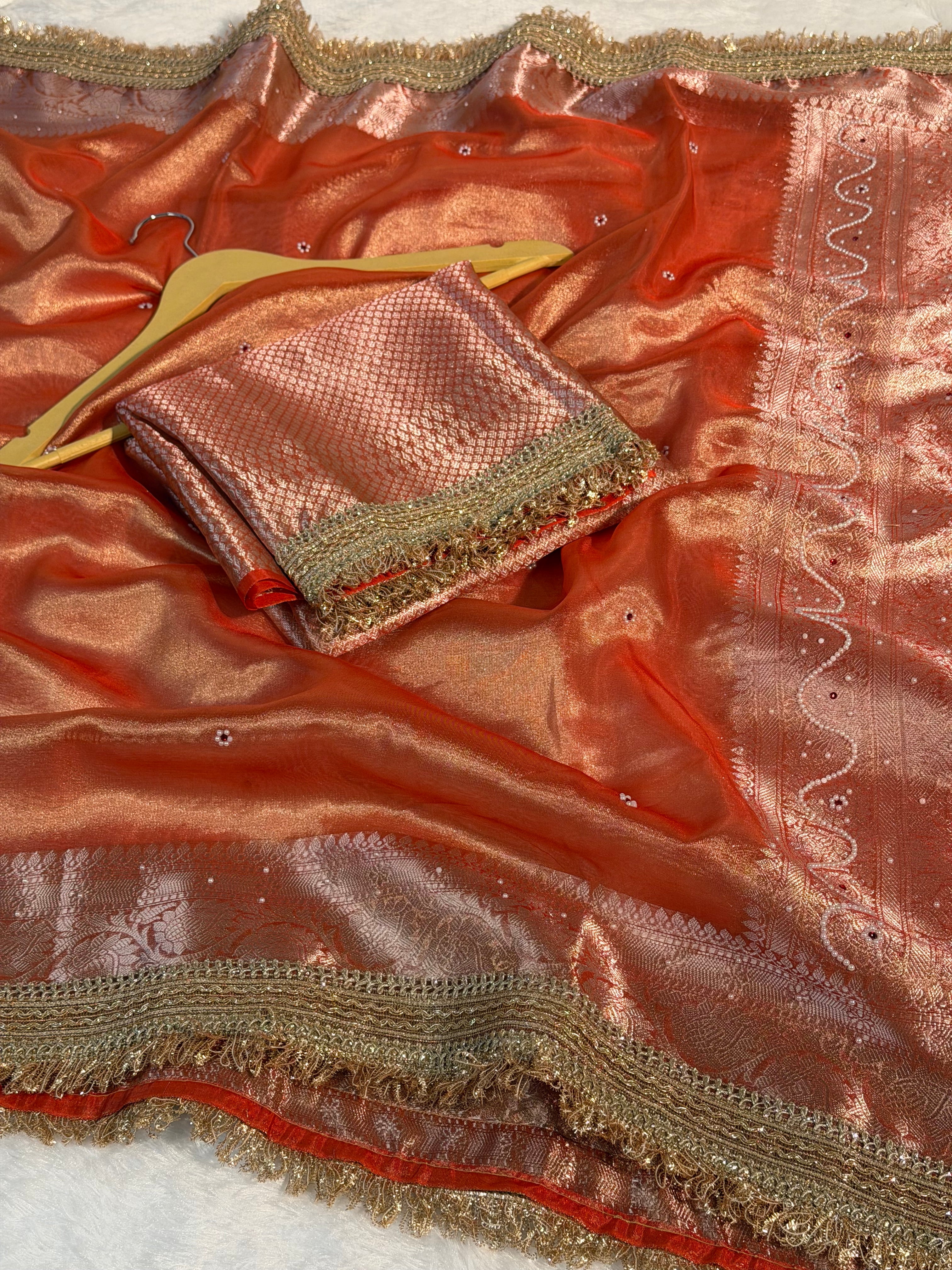 Metallic Orange Premium Tissue Silk Saree Hand Moti Stone Work with Lace Attached
