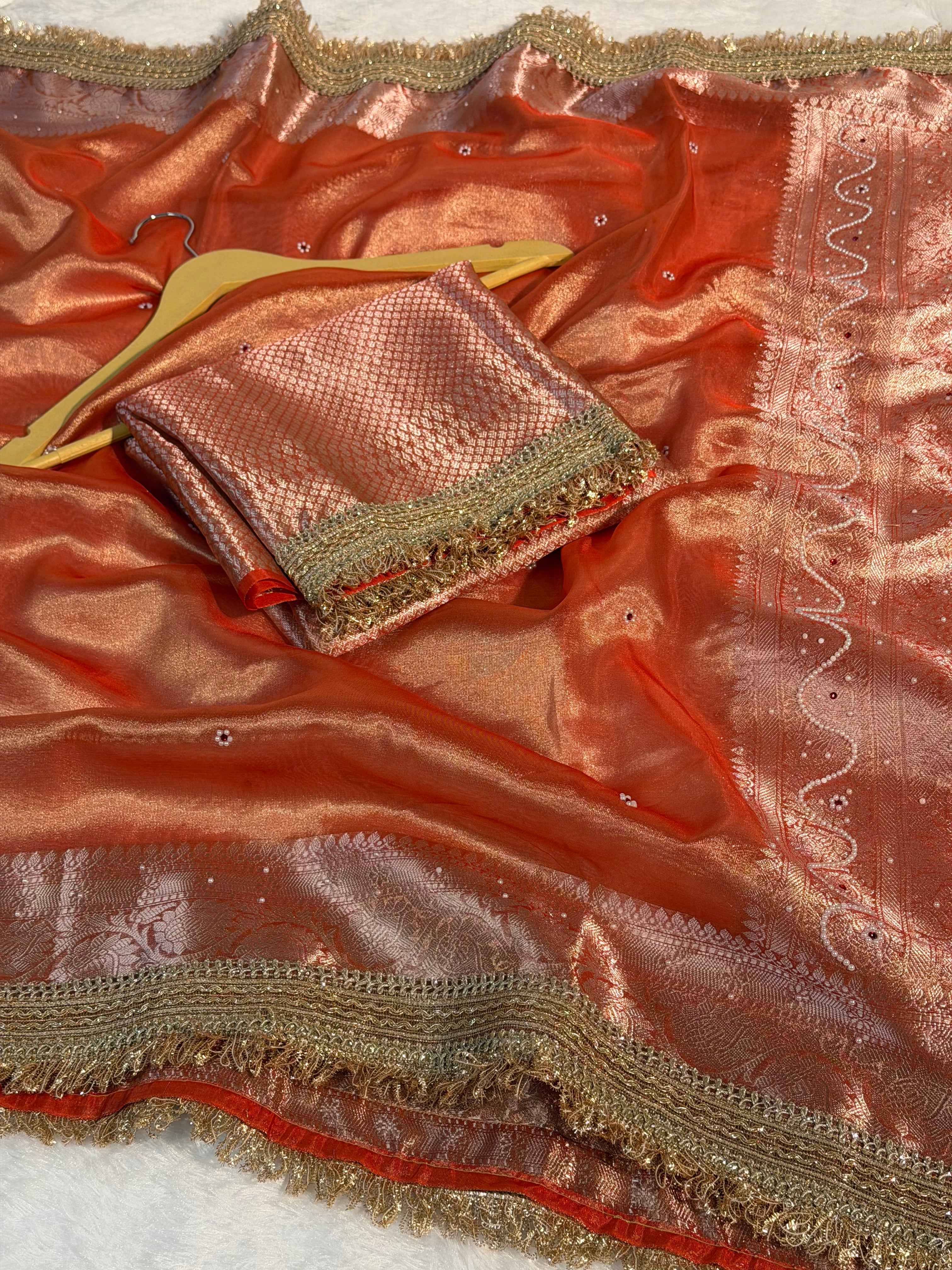 Metallic Orange Premium Tissue Silk Saree Hand Moti Stone Work with Lace Attached