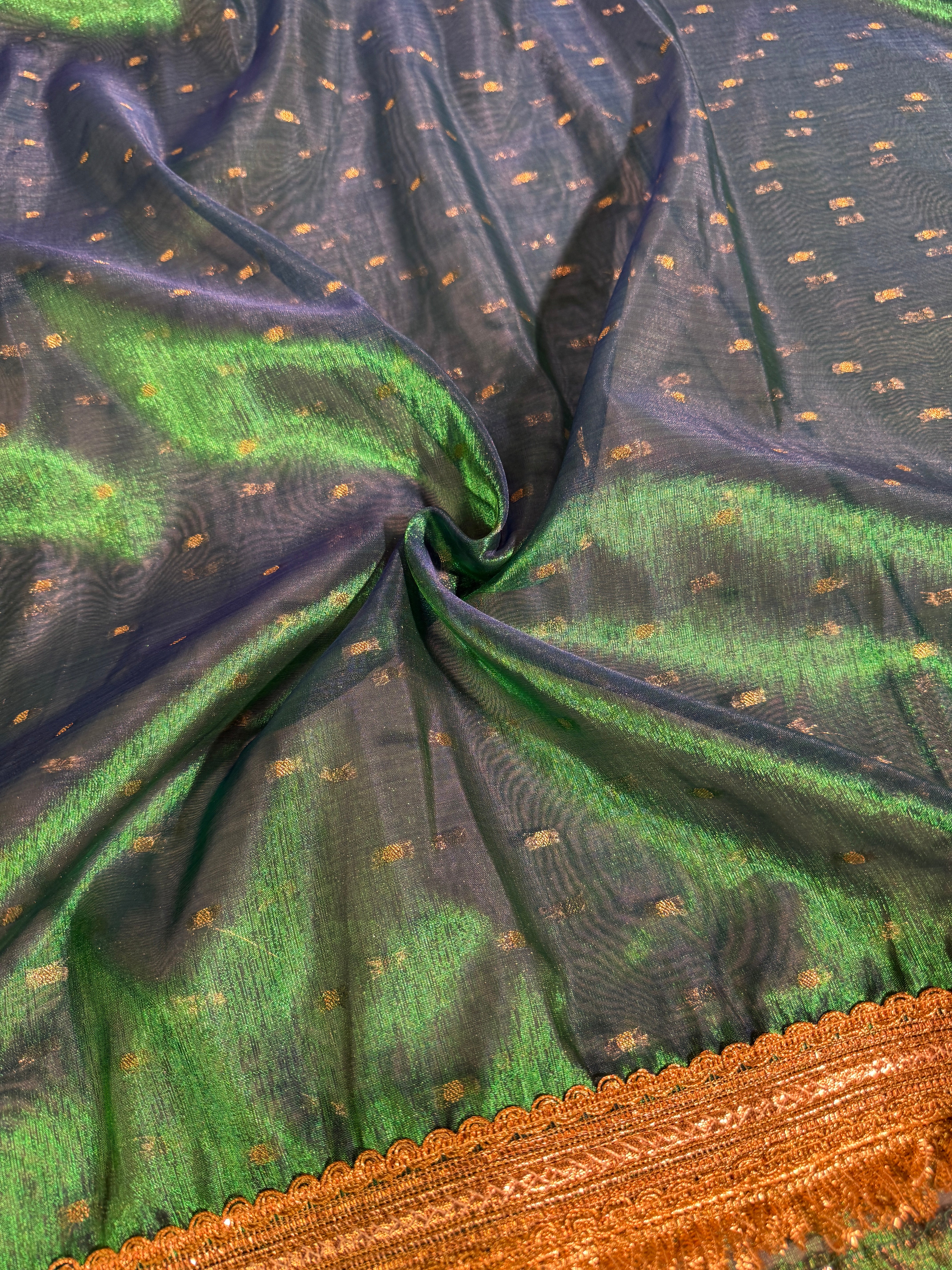 Ready To Wear Sapphire Green Tissue Silk Saree with Lace Attached