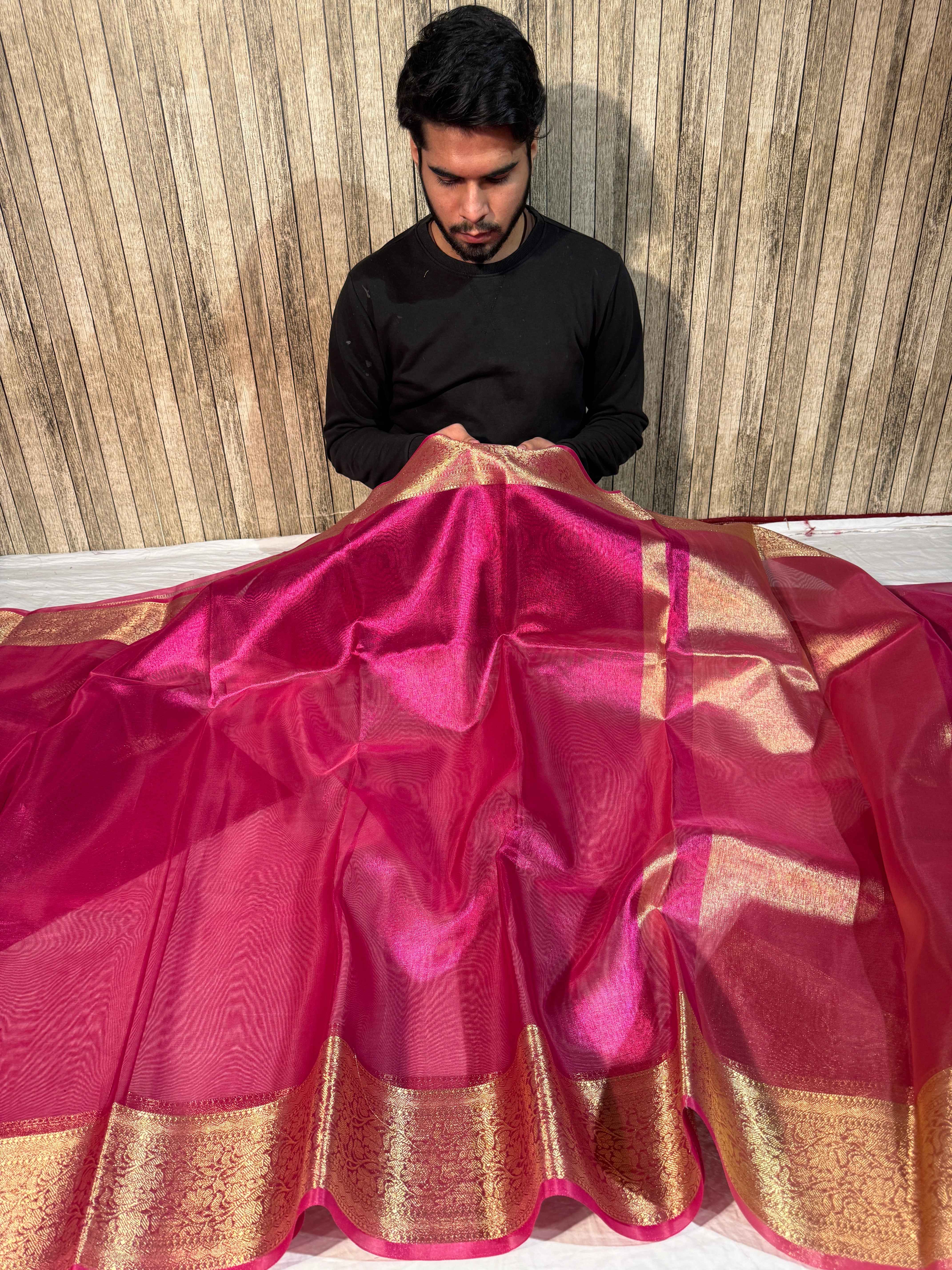 Metallic Rani Pink Premium Tissue Silk Saree with Traditional Floral Weave Borders