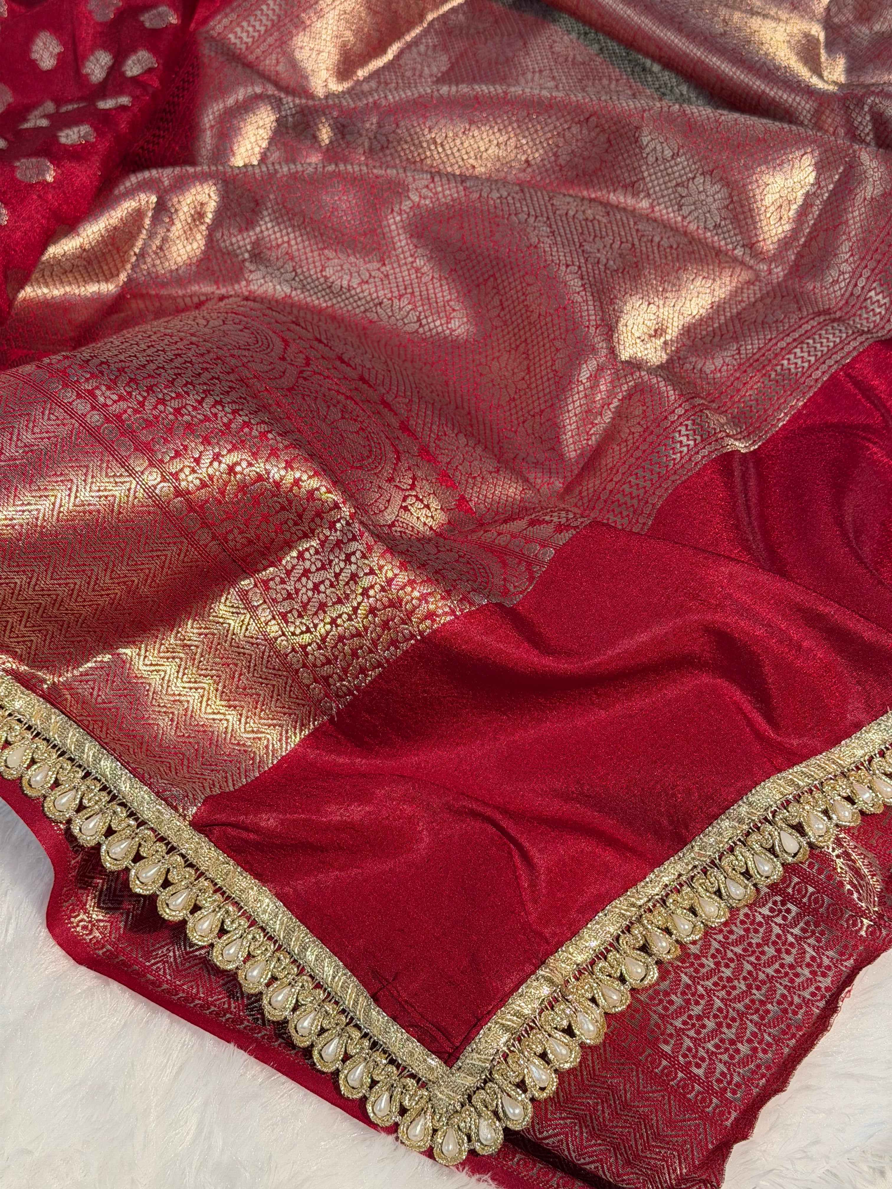 Maroon Premium Chiniya Silk Banarasi Saree With Moti Lace Work