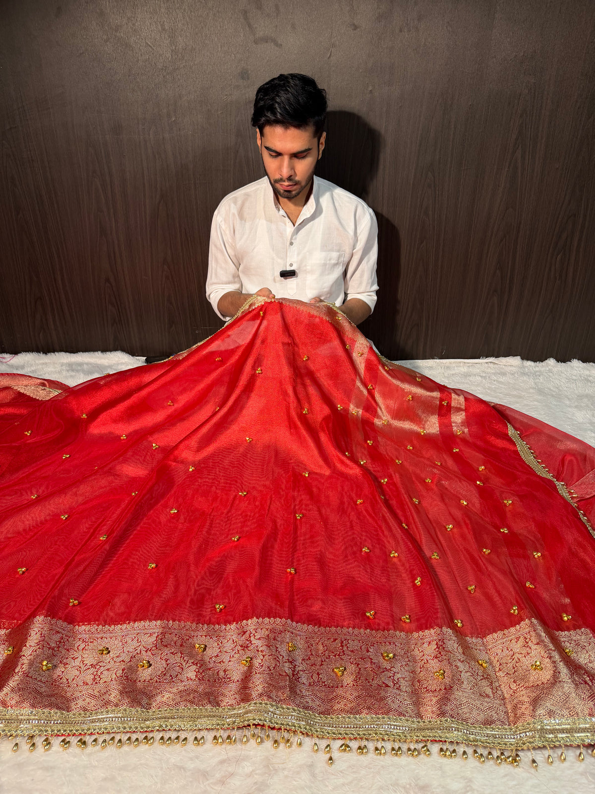 Viral Ghungroo Handwork Bridal Red Premium Tissue Silk Banarasi Saree