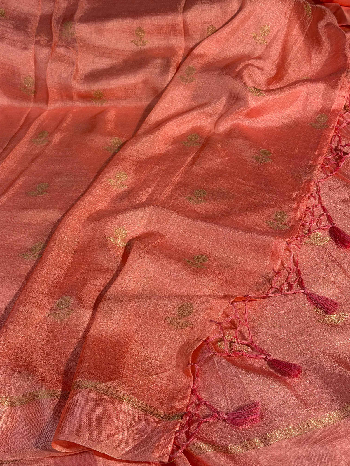 Baby Pink Premium Viscose Georgette Silk Banarasi Saree with Tassles